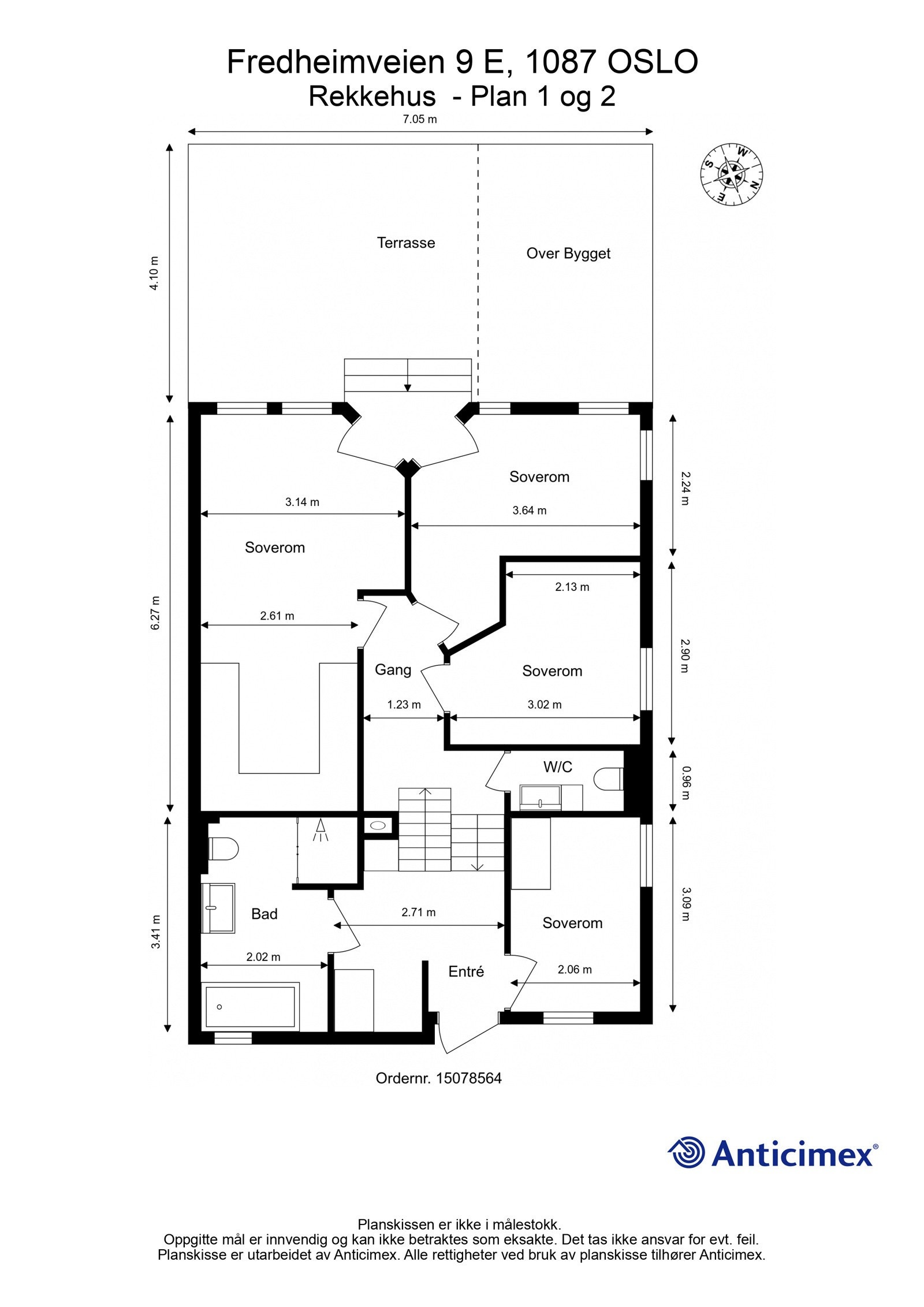 Plantegning plan 1 og 2 (med mål). Dvs. Plan 1 er mot hagen og plan 2 er ved inngangspartiet. Galleribilde