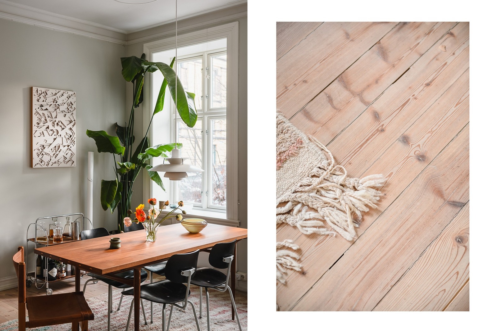 De originale, lakkerte furugulvene går igjen i flere rom og binder leiligheten vakkert sammen. Galleribilde