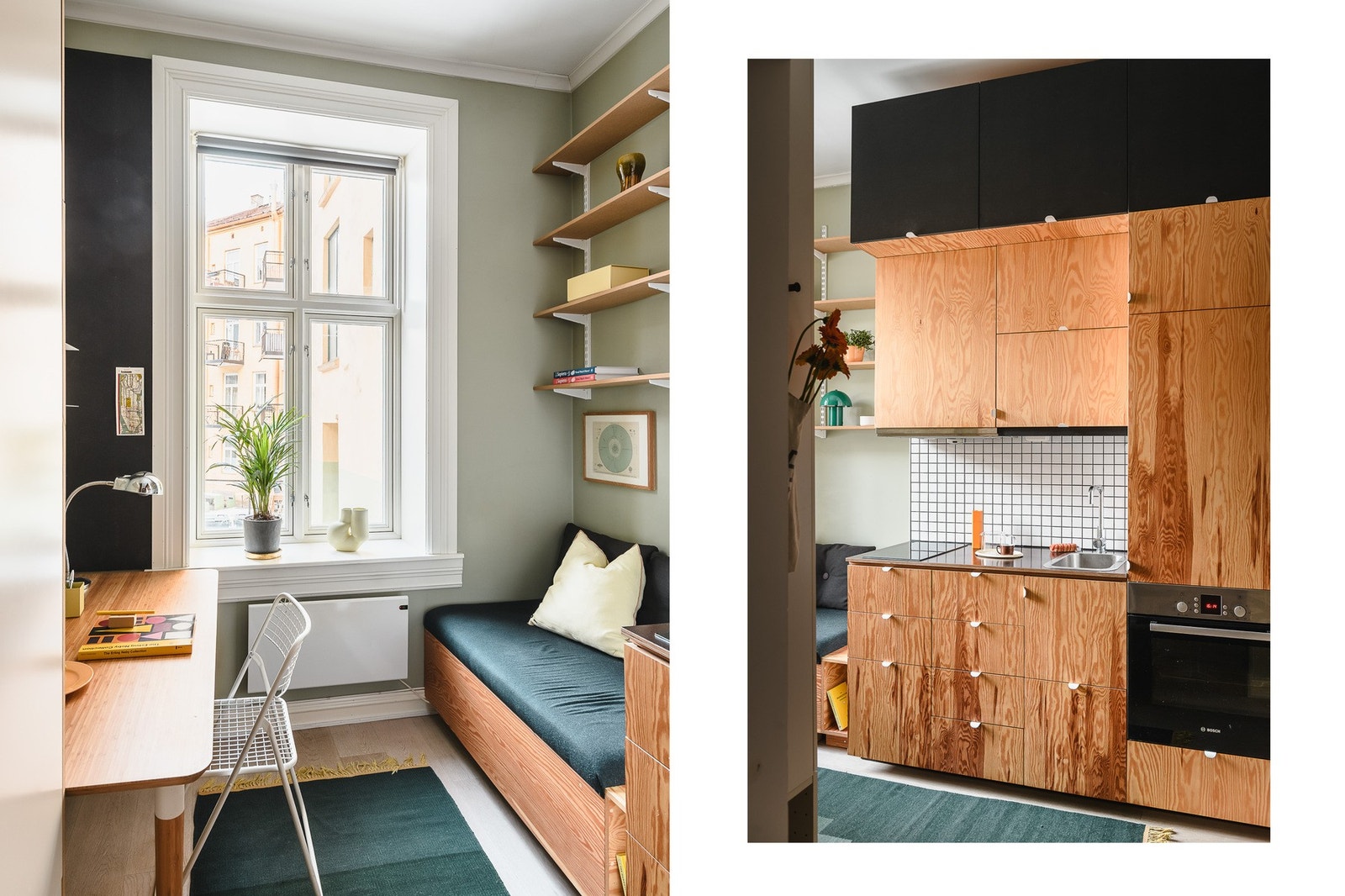 Den ene hybelen er smart innredet med kjøkkenkrok og en praktisk sovealkove. Kjøkkeninnredningene i hyblene har fronter i kryssfinér og smarte løsninger. Galleribilde