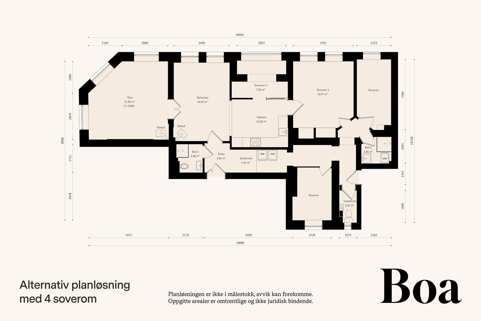 Planløsningen gir mulighet for en alternativ løsning med fire soverom. Galleribilde