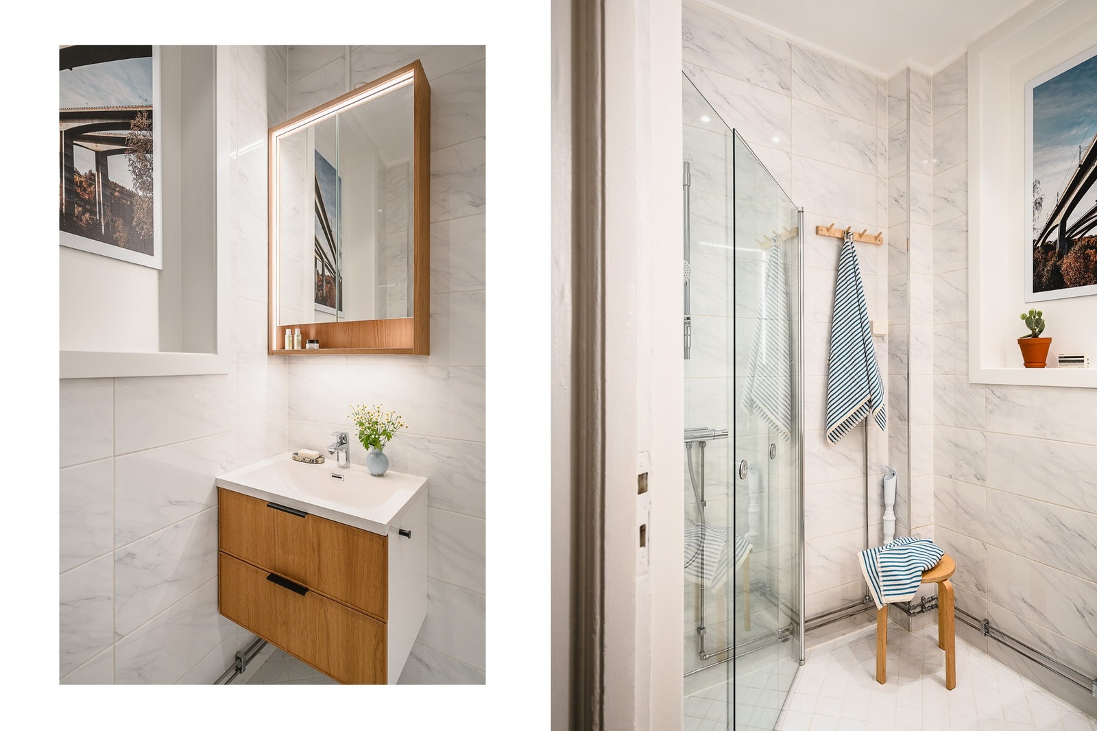 Det andre badet, som betjener hyblene, er også fra 2017 og har tilsvarende høy standard. Opplegg for vaskemaskin. Galleribilde