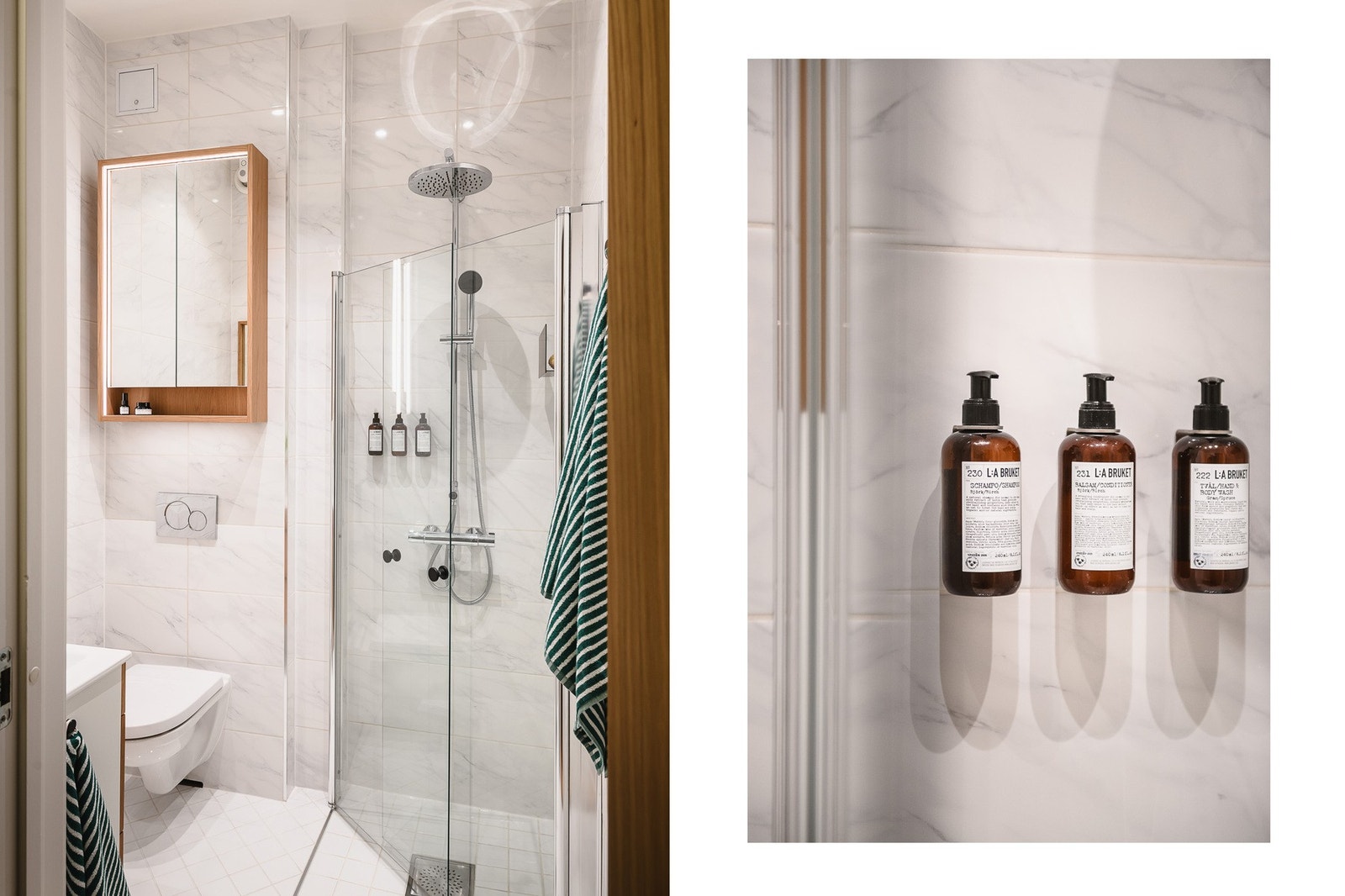 Hovedbadet har dusjhjørne med regndusj, vegghengt toalett og elektriske varmekabler i gulvet. Galleribilde