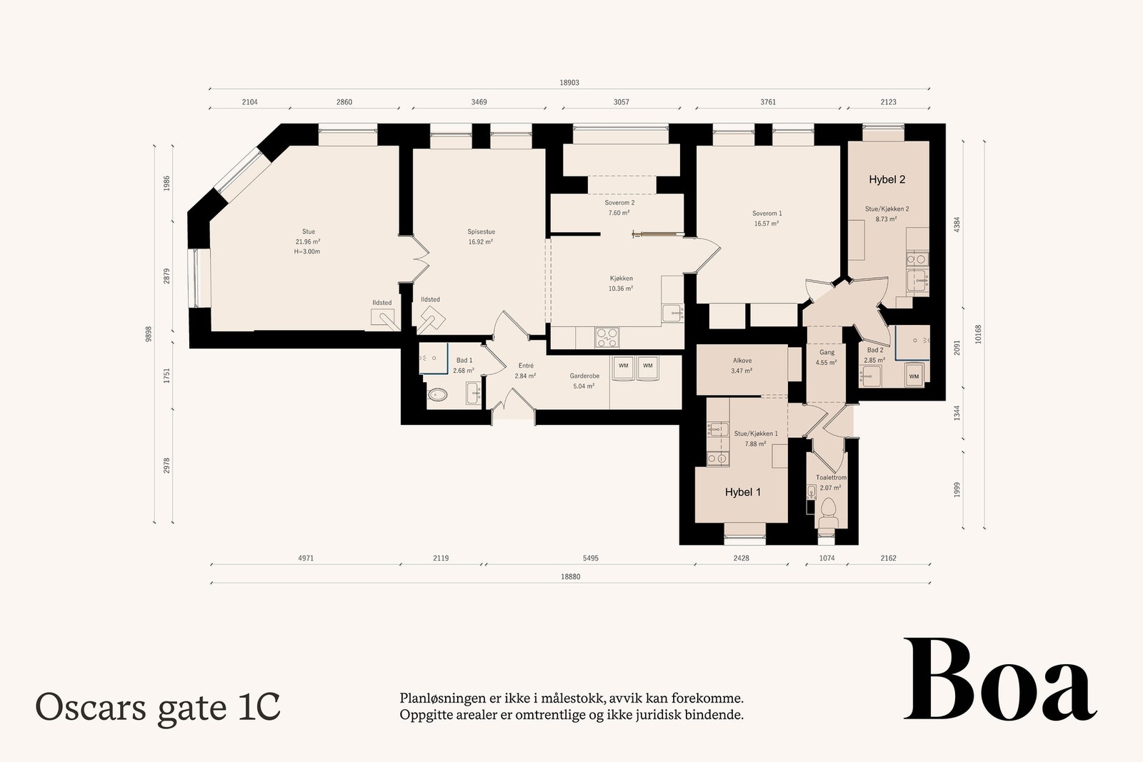Leiligheten har en unik og fleksibel planløsning med hoveddel og to separate hybler med egen inngang. Galleribilde