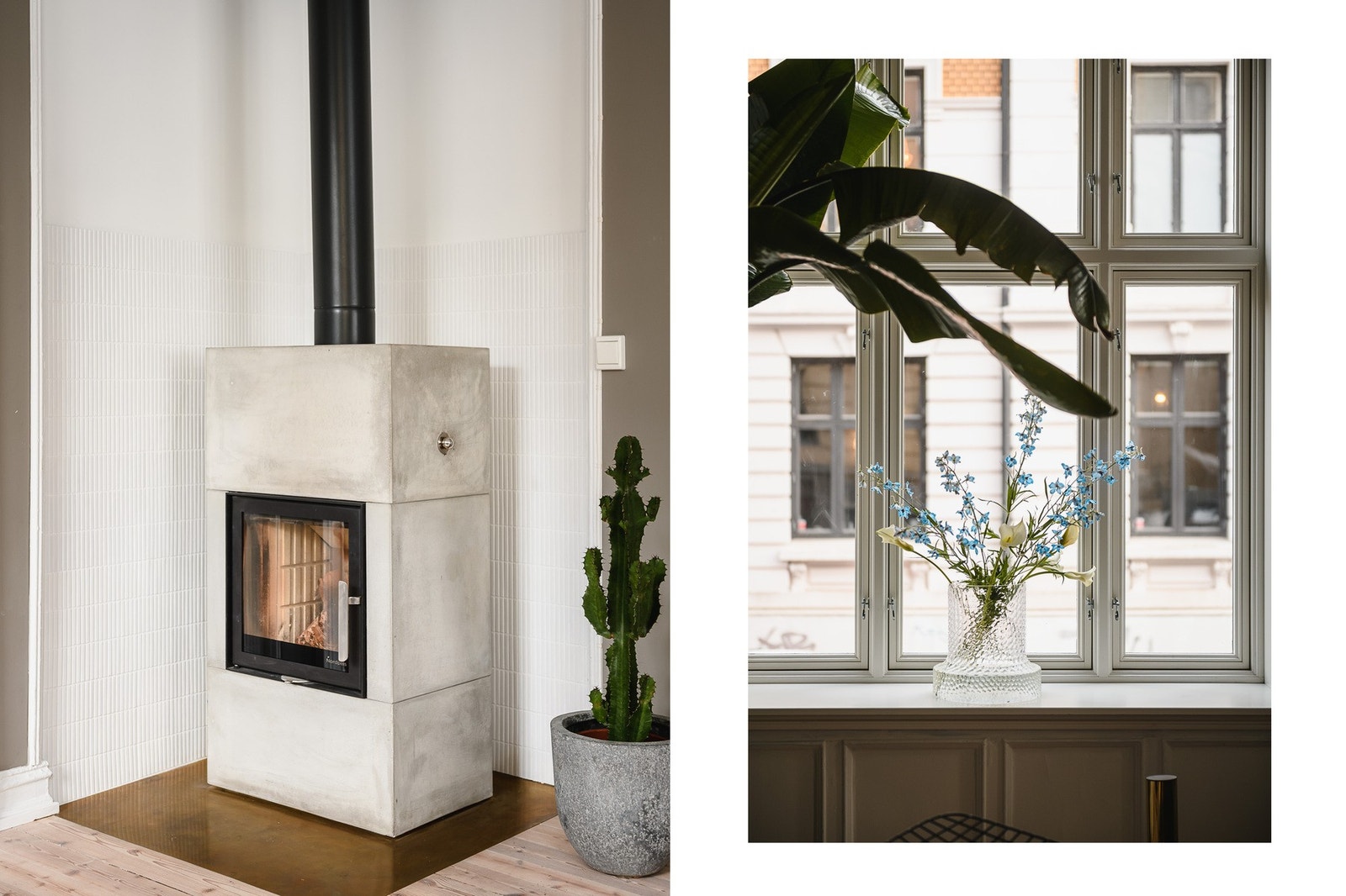 En av leilighetens to peisovner, som gir både varme og et samlende punkt i rommet. Galleribilde