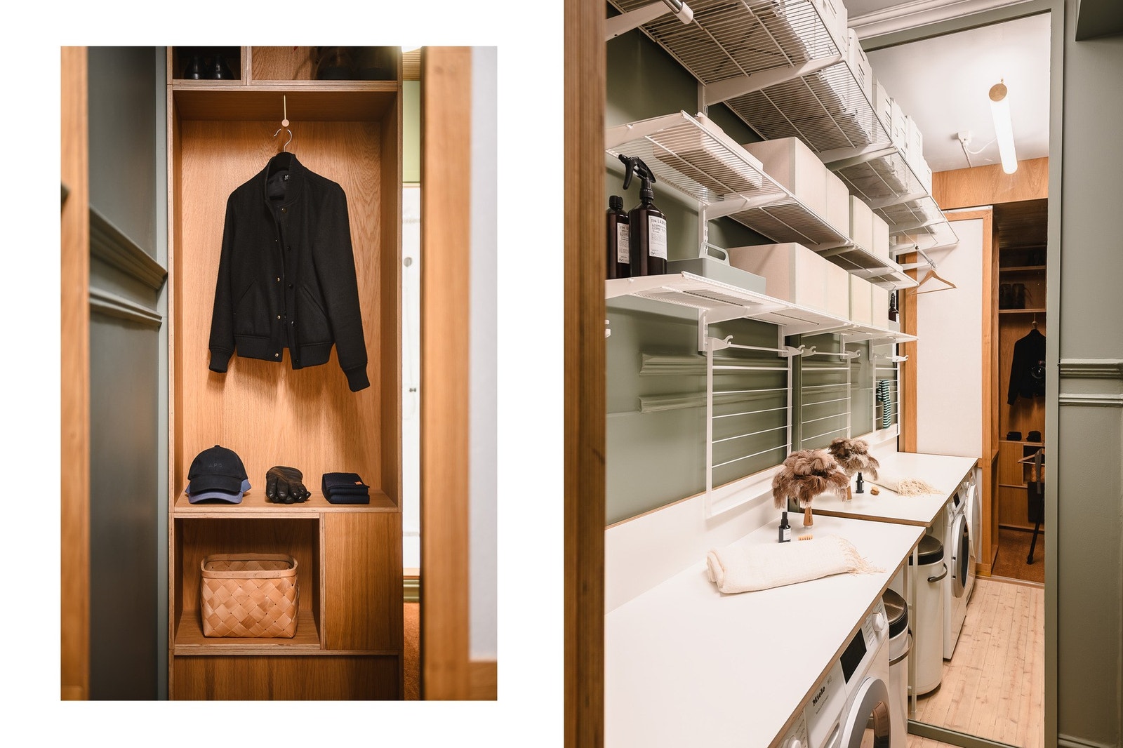 Et funksjonelt garderoberom med smarte oppbevaringsløsninger og opplegg for vaskemaskin. Galleribilde