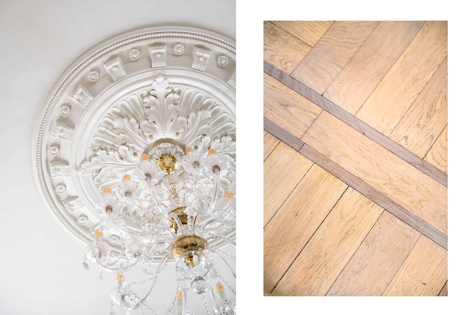 Klassiske detaljer som rosetter i taket og flott eikeparkett understreker boligens karakter. Galleribilde