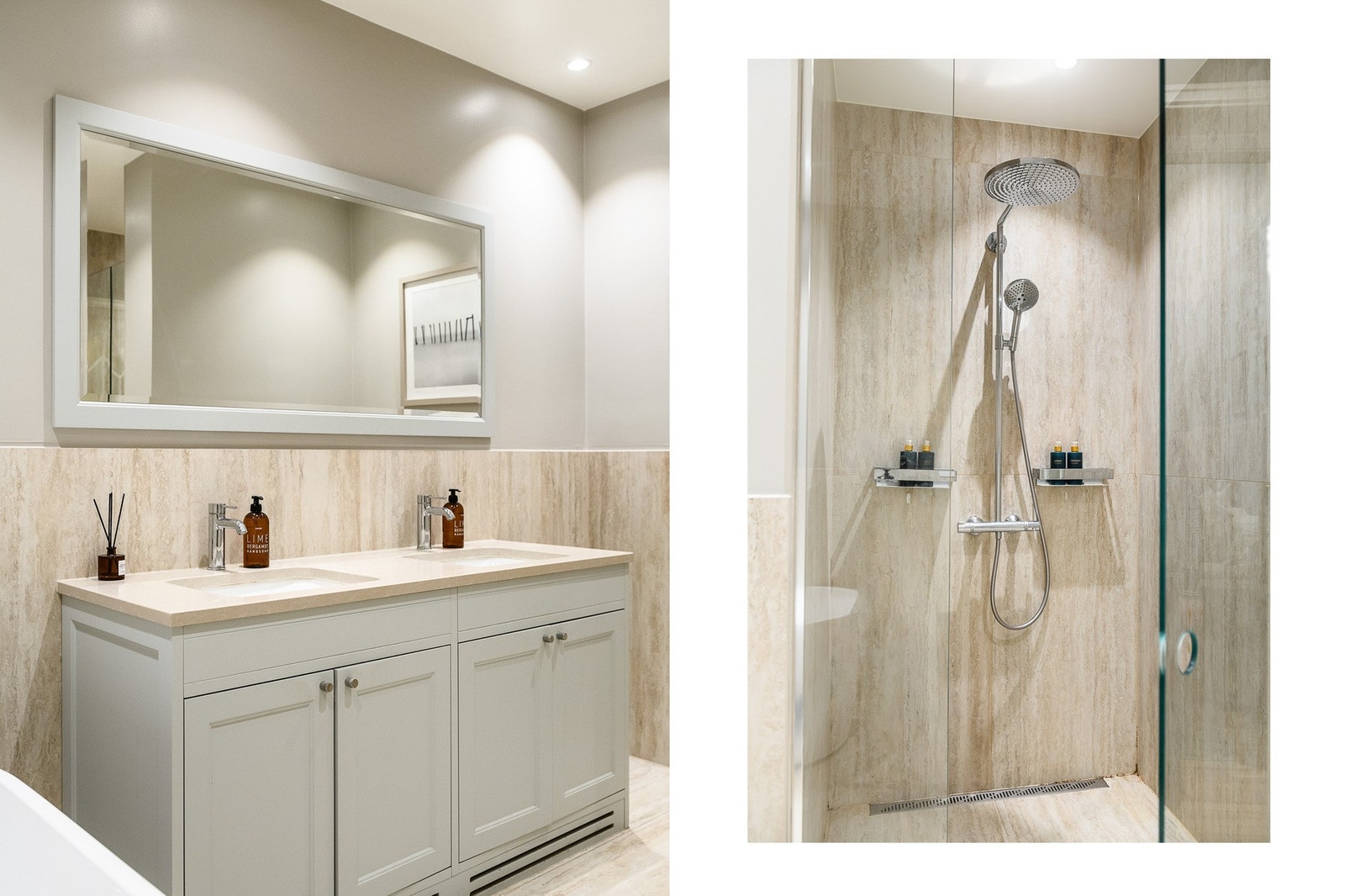 Badet er innredet med et elegant servantmøbel med dobbel servant og god oppbevaringsplass i underskap. Det er elektriske varmekabler i gulvet. Galleribilde