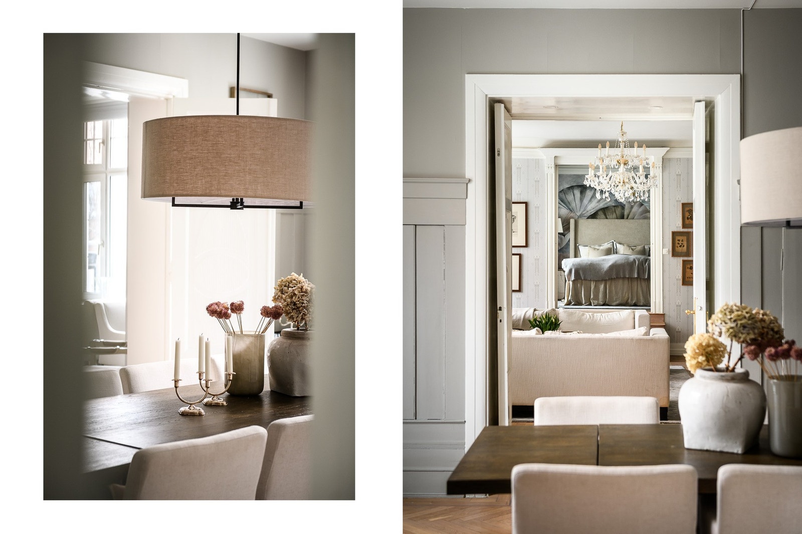 Leilighetens oppholdsrom ligger i en-suite løsning, og klassiske doble fløydører åpner opp mellom spisestuen og stuen, og skaper en flott romfølelse. Galleribilde