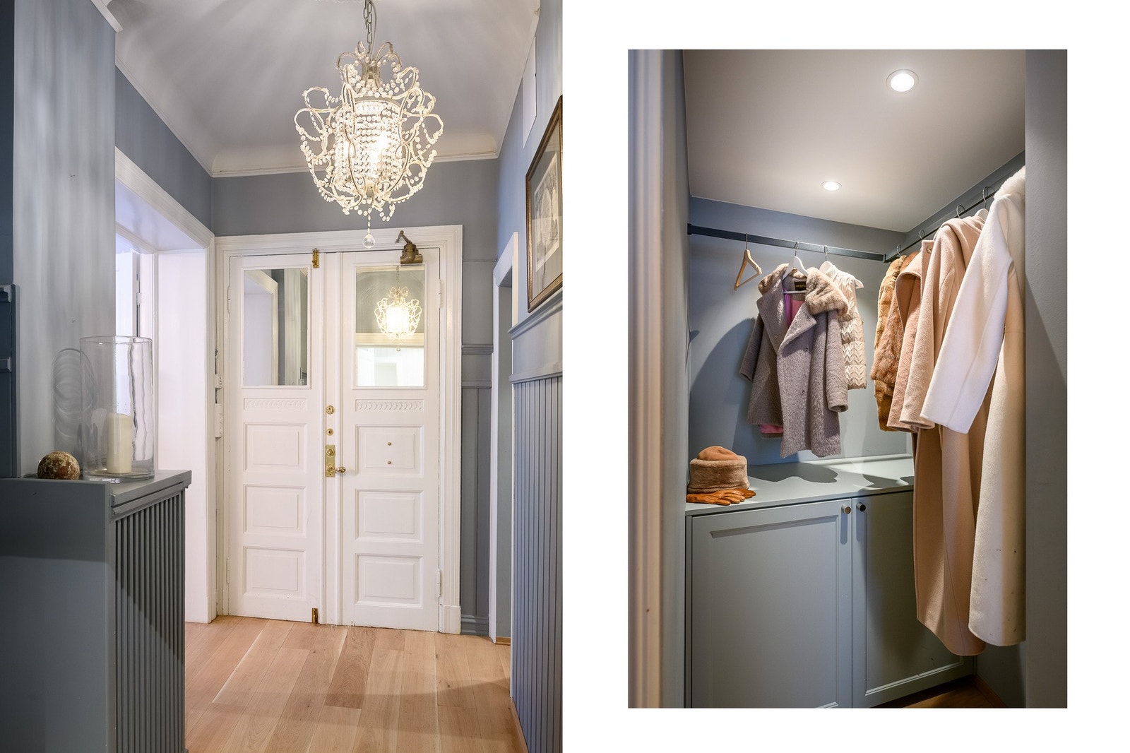 Entrédøren er orginal tofløyet fyllingsdør med speilfelt. Galleribilde