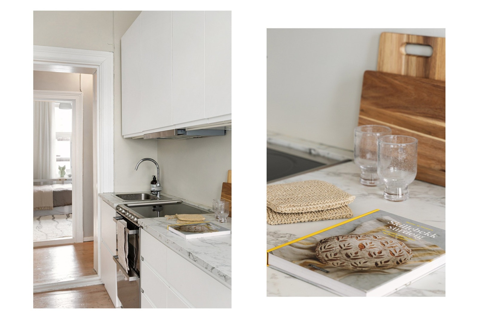 Innredningen er fra IKEA med glatte fronter, laminat benkeplate og nedfelt oppvaskkum. Galleribilde