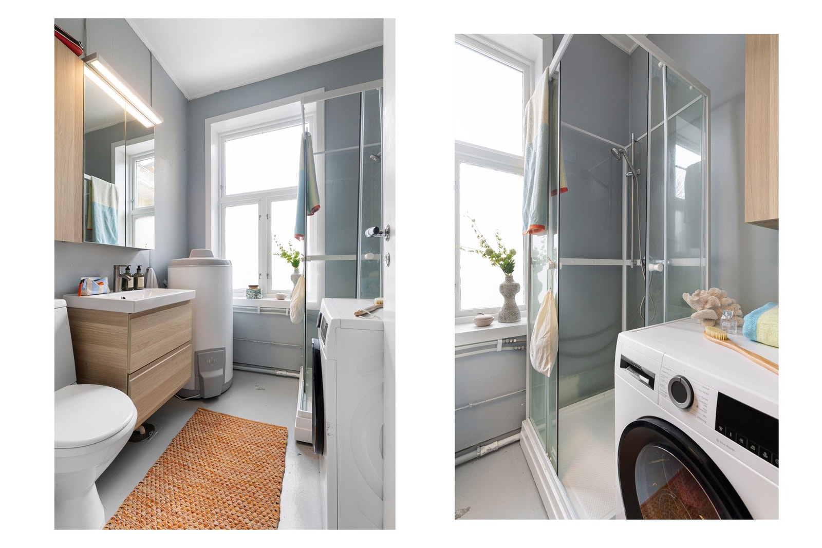 Badet ble malt og oppgradert med ny innredning i senere år, og har en funksjonell planløsning med vinylbelegg på gulv og våtromsløsning Galleribilde