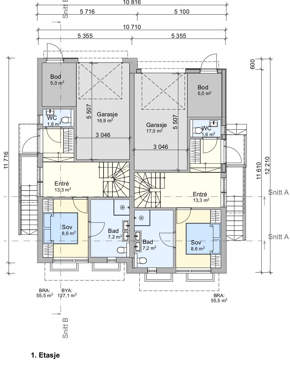 Plantegning 1. etasje. Det er satt inn skyvedør på hovedsoverommet. Galleribilde