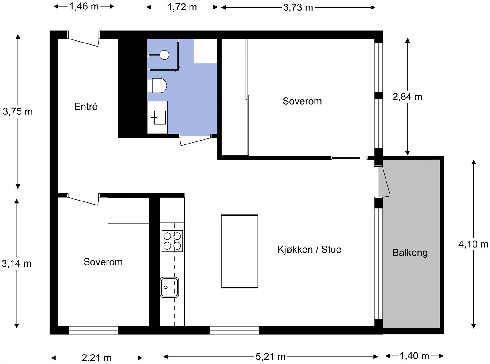 Plantegning fra takstmann. Leiligheten inneholder entré, stue, kjøkken, to soverom og bad. Kjellerbod på 8m² for lagring. Galleribilde