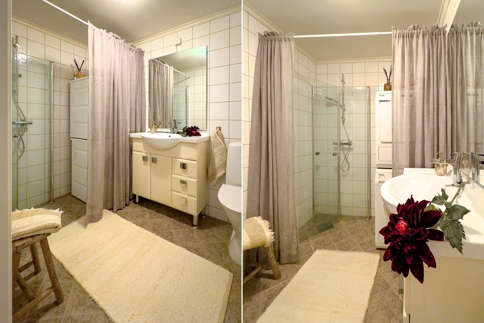 Tidløst flislagt bad som gir et stilrent og varig uttrykk. Dusjhjørnet med svingbare glassdører gir ekstra romfølelse. Opplegg for både vaskemaskin og tørketrommel. Badet er oppgradert med nytt toalett, dusj og nytt blandebatteri de seneste årene. Galleribilde