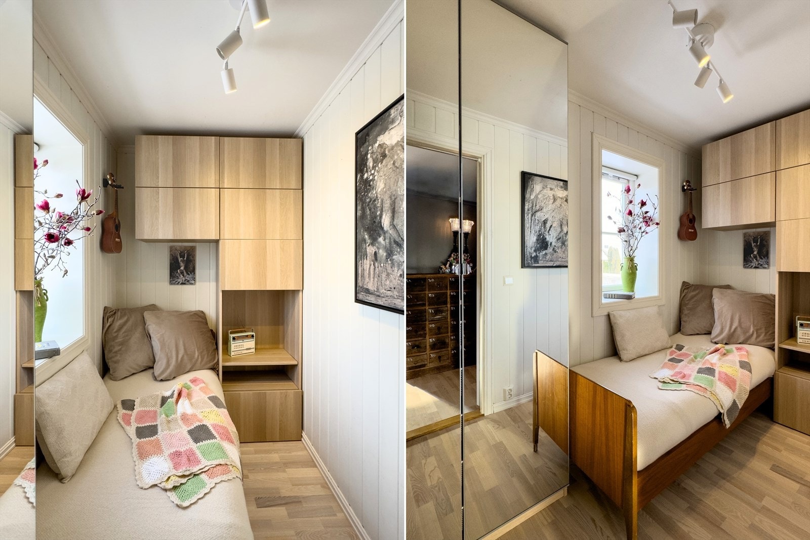 Soverom II har praktiske hylleløsninger over seng som utnytter plassen godt, i tillegg til dobbel 230 høy garderobe med speildører. Galleribilde