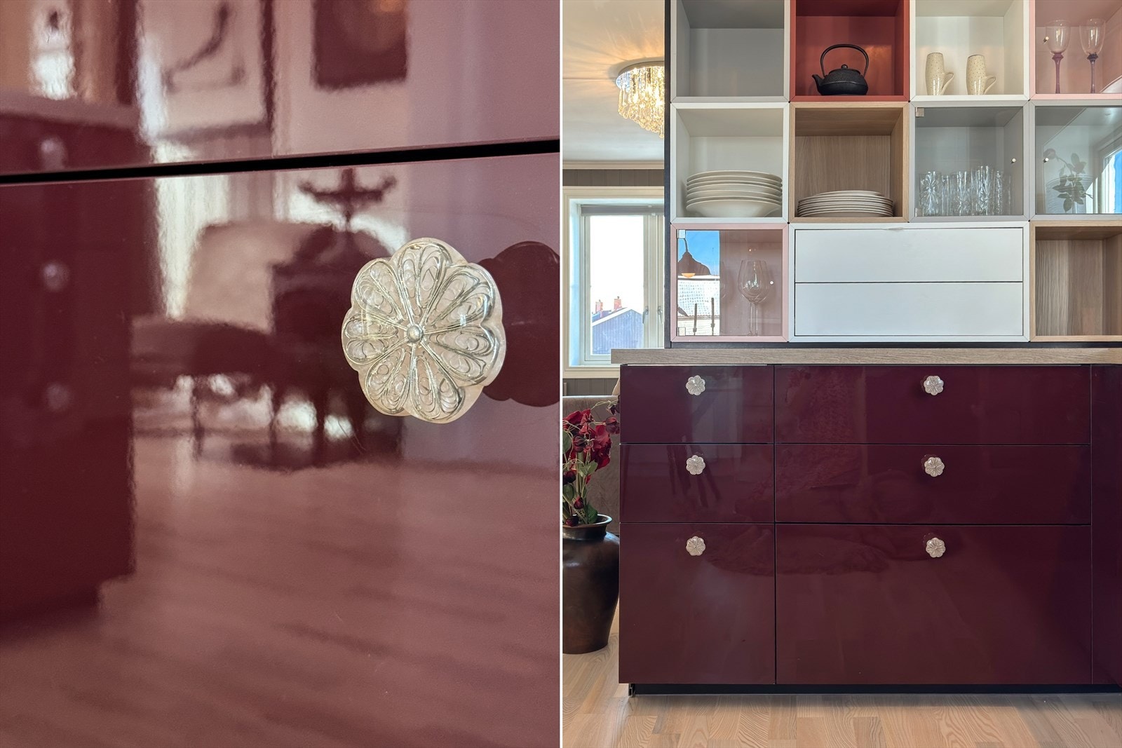 Kjøkkenet har en unik speilblank kjøkkenfront og spennende knotter. Rikelig med skap- og benkeplass både mot kjøkken og stue gjennom smarte løsninger. Galleribilde