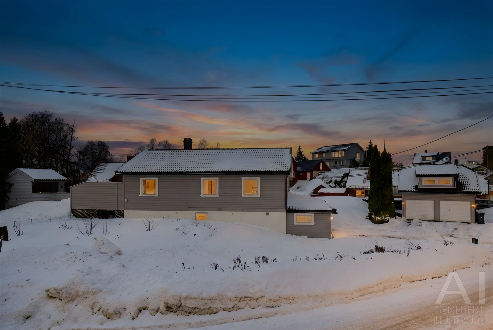 Boligen har også en dobbelgarasje med innredet loft og asfaltert innkjørsel. I tillegg byr den på en solrik flott veranda og et stort plenareal. Galleribilde