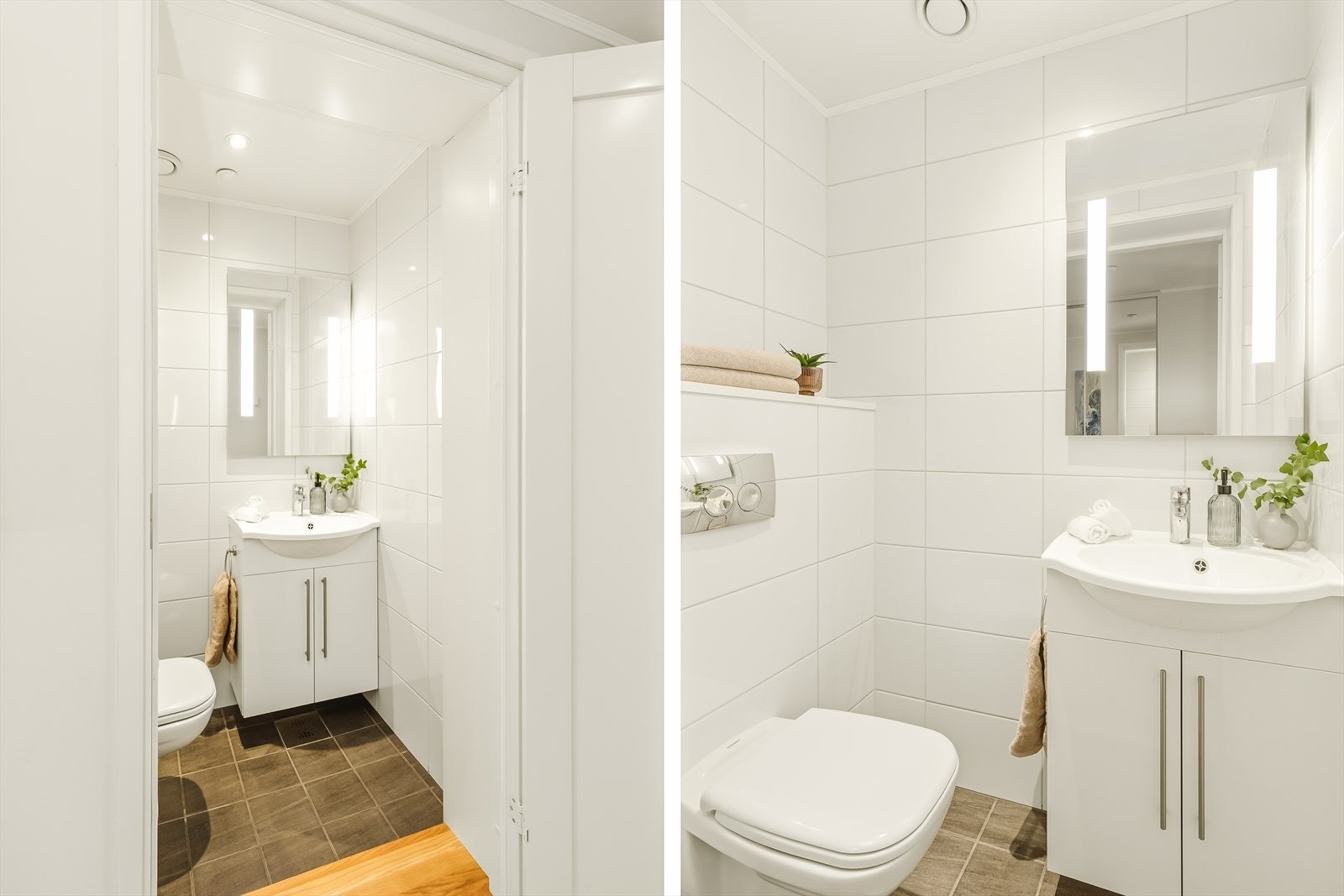 Gjestetoalettet er praktisk plassert med inngang fra hjemmets entre/gang. Også her er det flislagte vegger og flislagte gulv med elektrisk gulvvarme. Det er også vegghengt toalett som på baderommet. Galleribilde