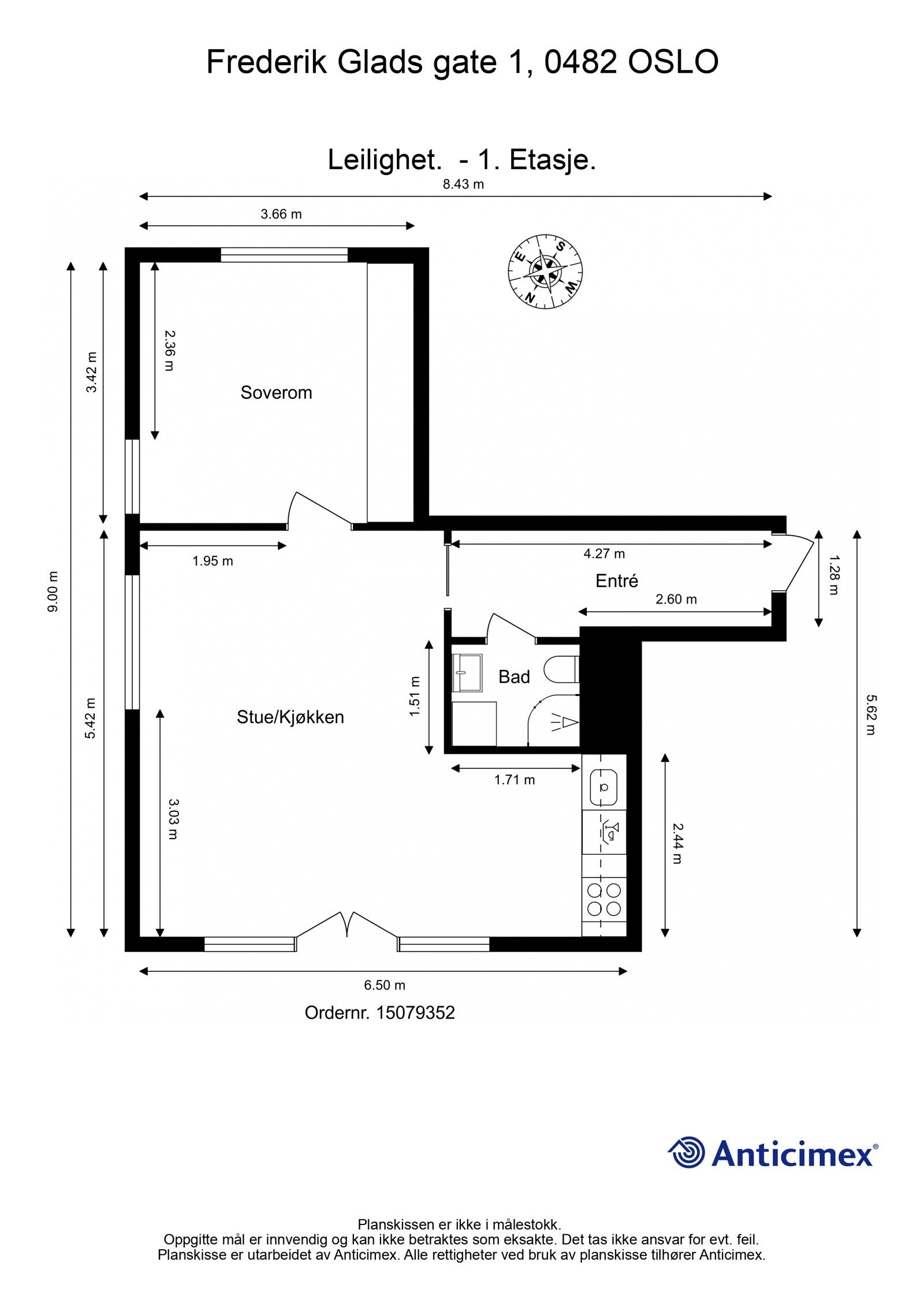 Plantegning. I tillegg disponerer leiligheten en kjellerbod på ca. 3m². Heis i bygget. Galleribilde