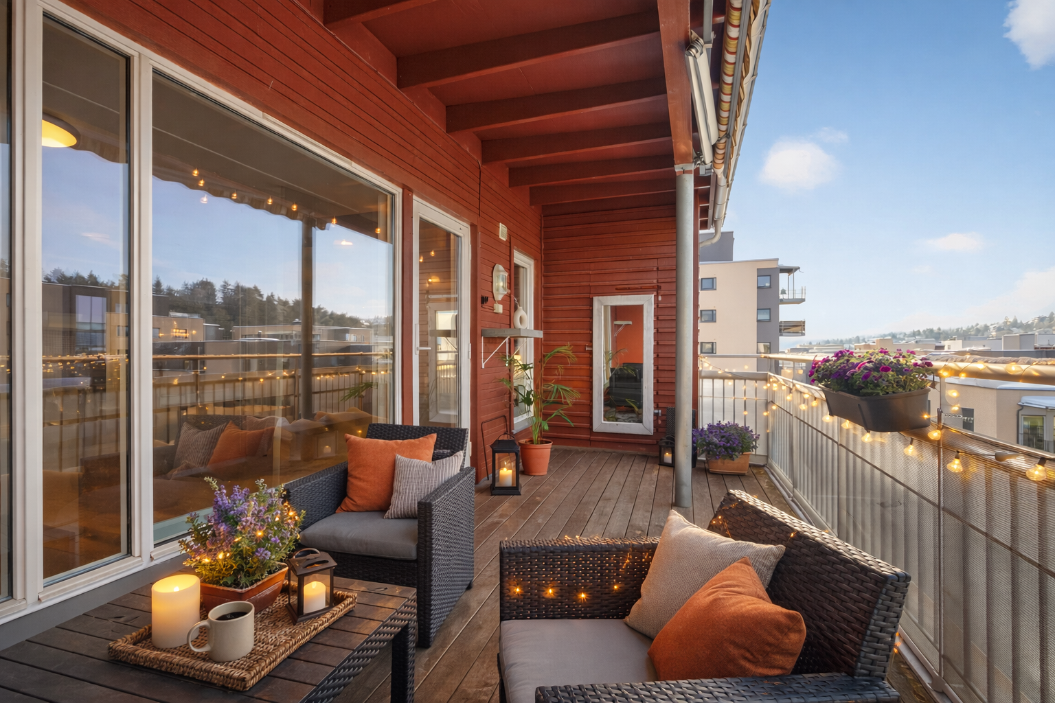 Koselig vestvendt balkong med gode møbleringsmuligheter. Her kan du nyte varme sommerdager på en uteplass med minimalt innsyn, lun atmosfære. Bildet er digitalt stylet for illustrasjon. Galleribilde