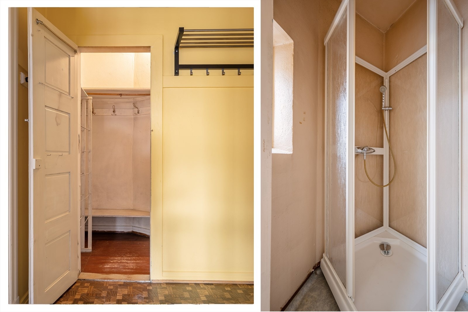 I dag er det en innvendig bod på 2.08 m² som går vegg i vegg med dagens toalettrom og rom med sluk. ( se plantegning ) Galleribilde