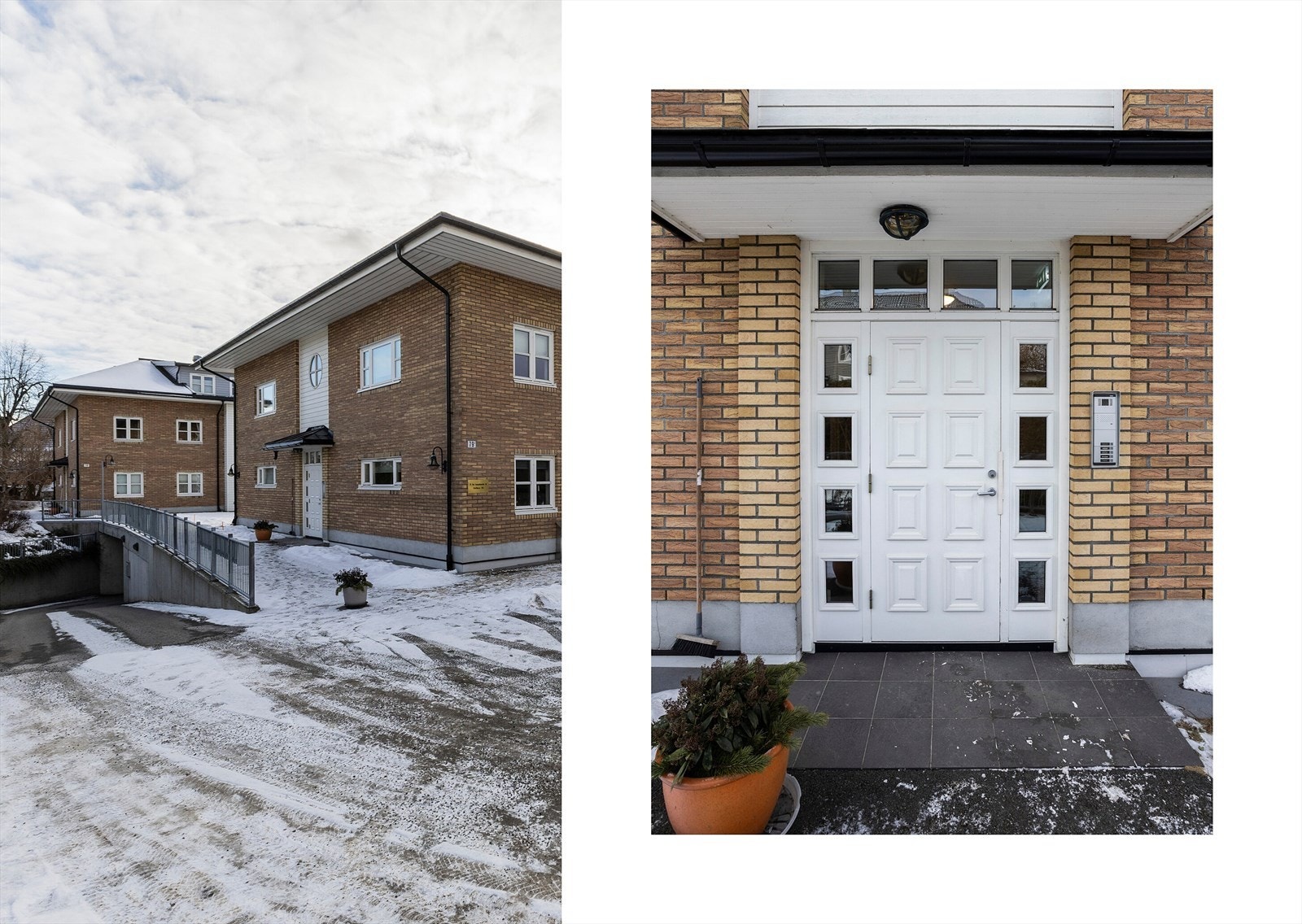 Inngangspartiet er oversiktlig og lett tilgjengelig, med trinnfri adkomst til boligen. Garasjeanlegget har enkel adkomst både direkte fra boligen via heis og fra inngangsparti. Galleribilde