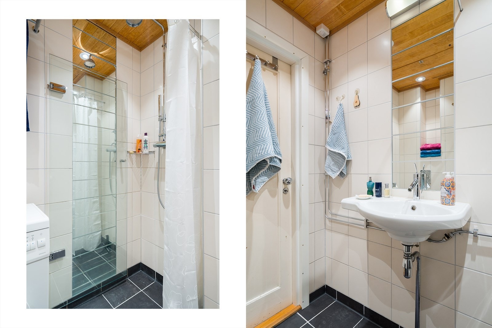 Vegghengt toalett og dusjhjørne samt opplegg for vaskemaskin. Varmekabler er defekte og må påregnes utbedret, noe som samtidig gir en naturlig anledning til oppgradering. Galleribilde