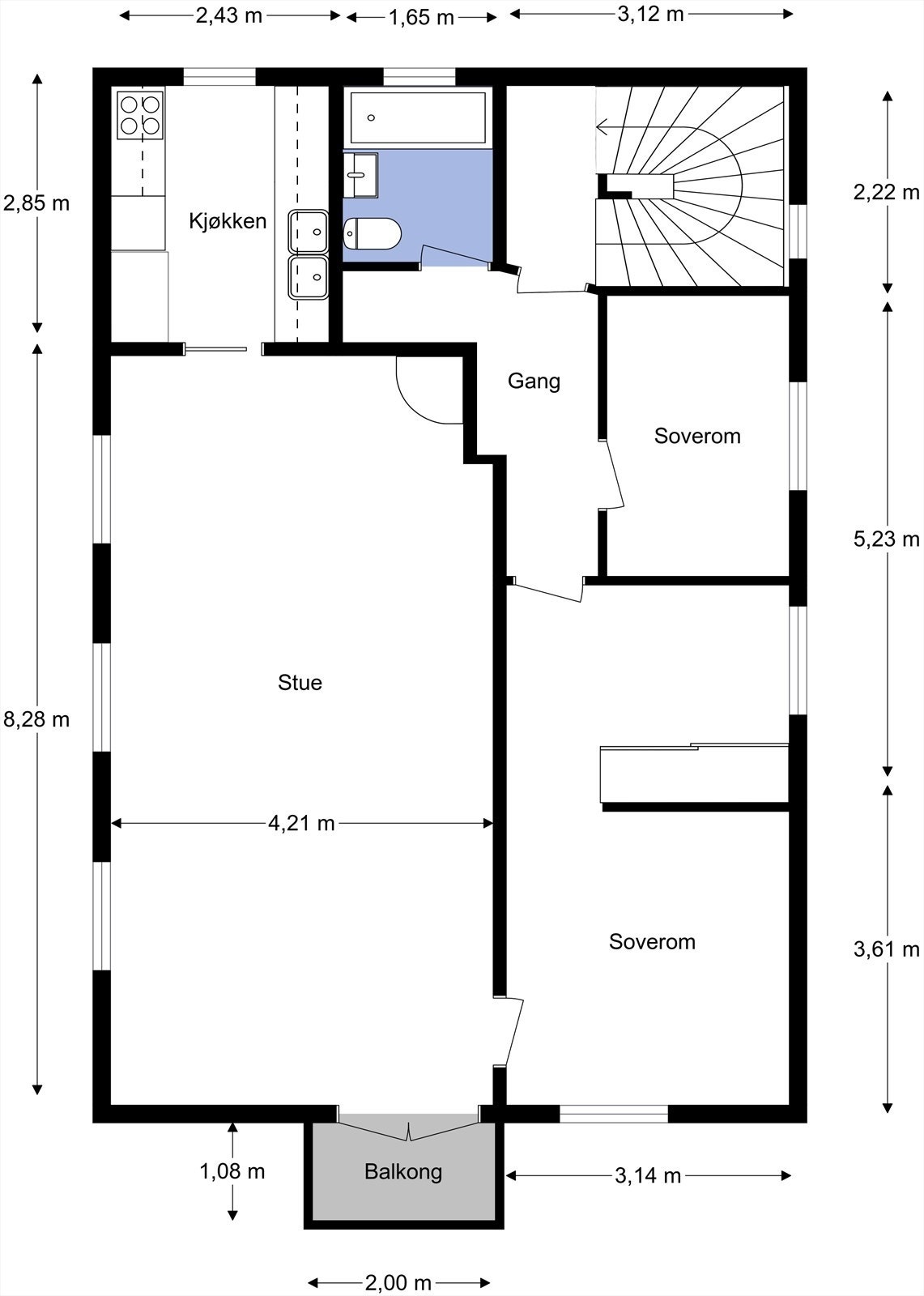 Planløsningen i 2. etasje inneholder trappegang, gang, bad, 2 soverom, kjøkken og stue med utgang til balkong. Galleribilde