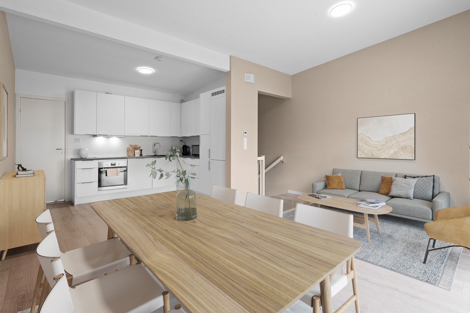 Oppe i 2.etg finner du stue og kjøkken med åpen løsning, bad og hovedsoverom. Fra stuen er det utgang til balkong. (Bildet er digitalt møblert) Galleribilde