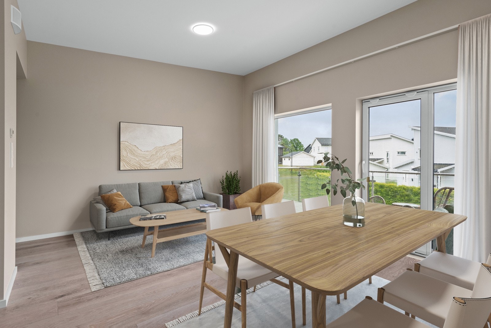 Man får en naturlig plassering av spisebordet mellom stue og kjøkken, ved vinduene. En hyggelig plass både til hverdags og til sosiale sammenkomster. (Bildet er digitalt møblert) Galleribilde