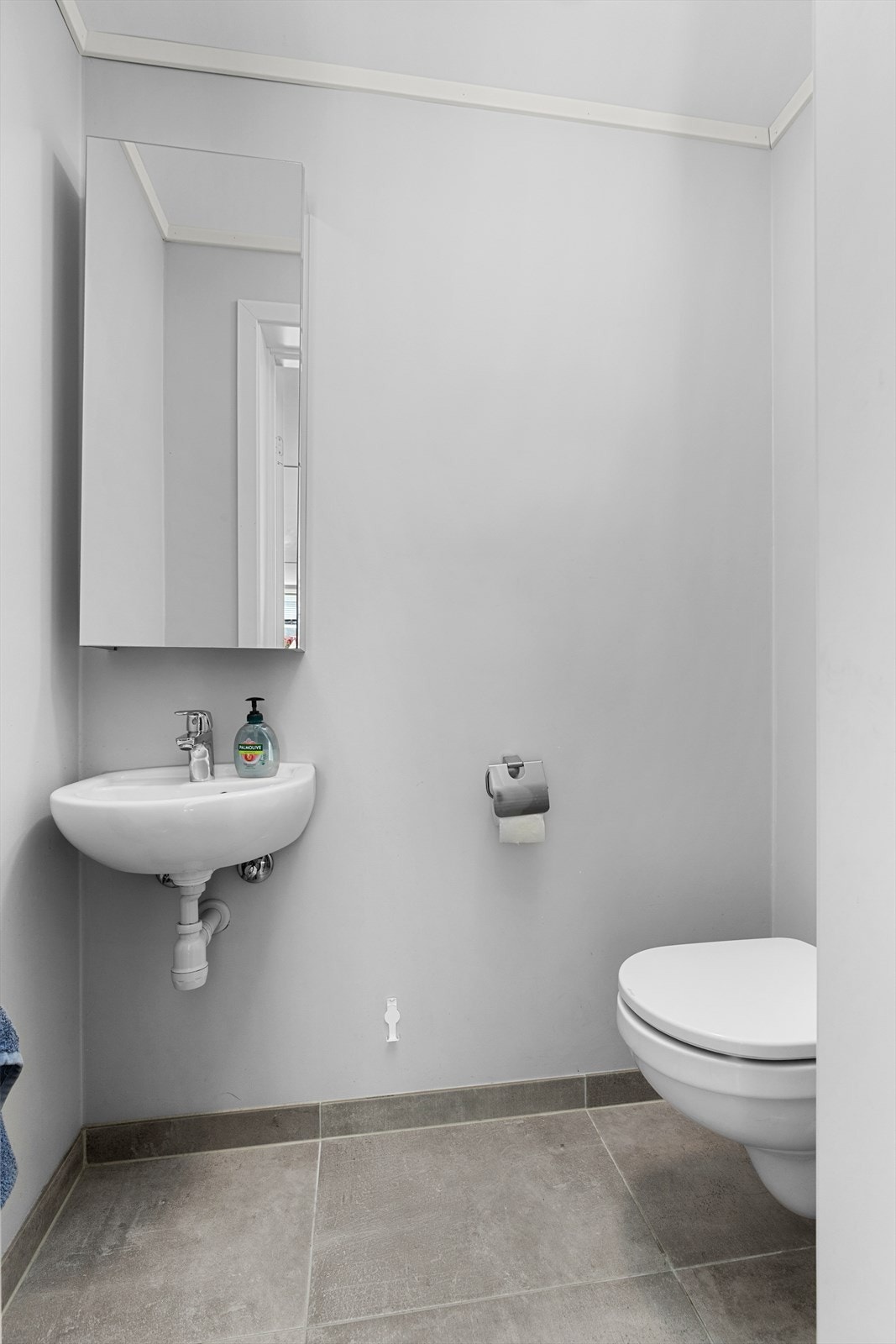 Toalettet ligger praktisk adskilt vegg i vegg med badet. Her er det innredet med et toalett og en servant. Galleribilde