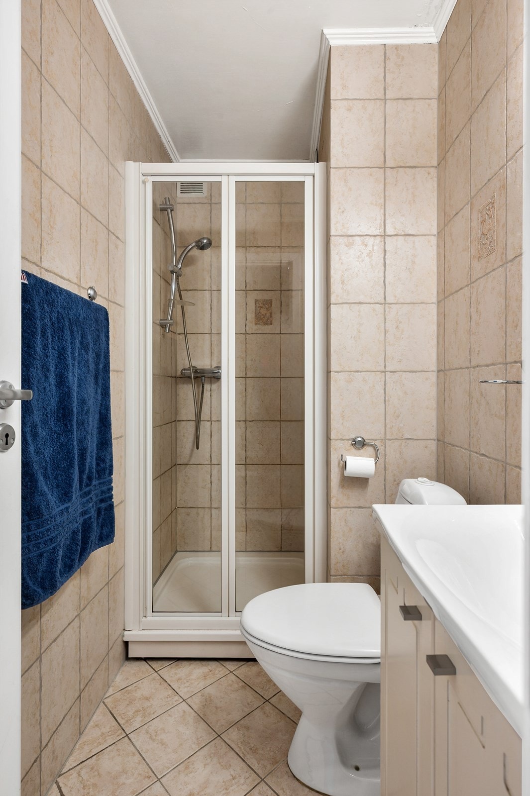 Flislagt bad med dusj, toalett og servant med skapdører Galleribilde