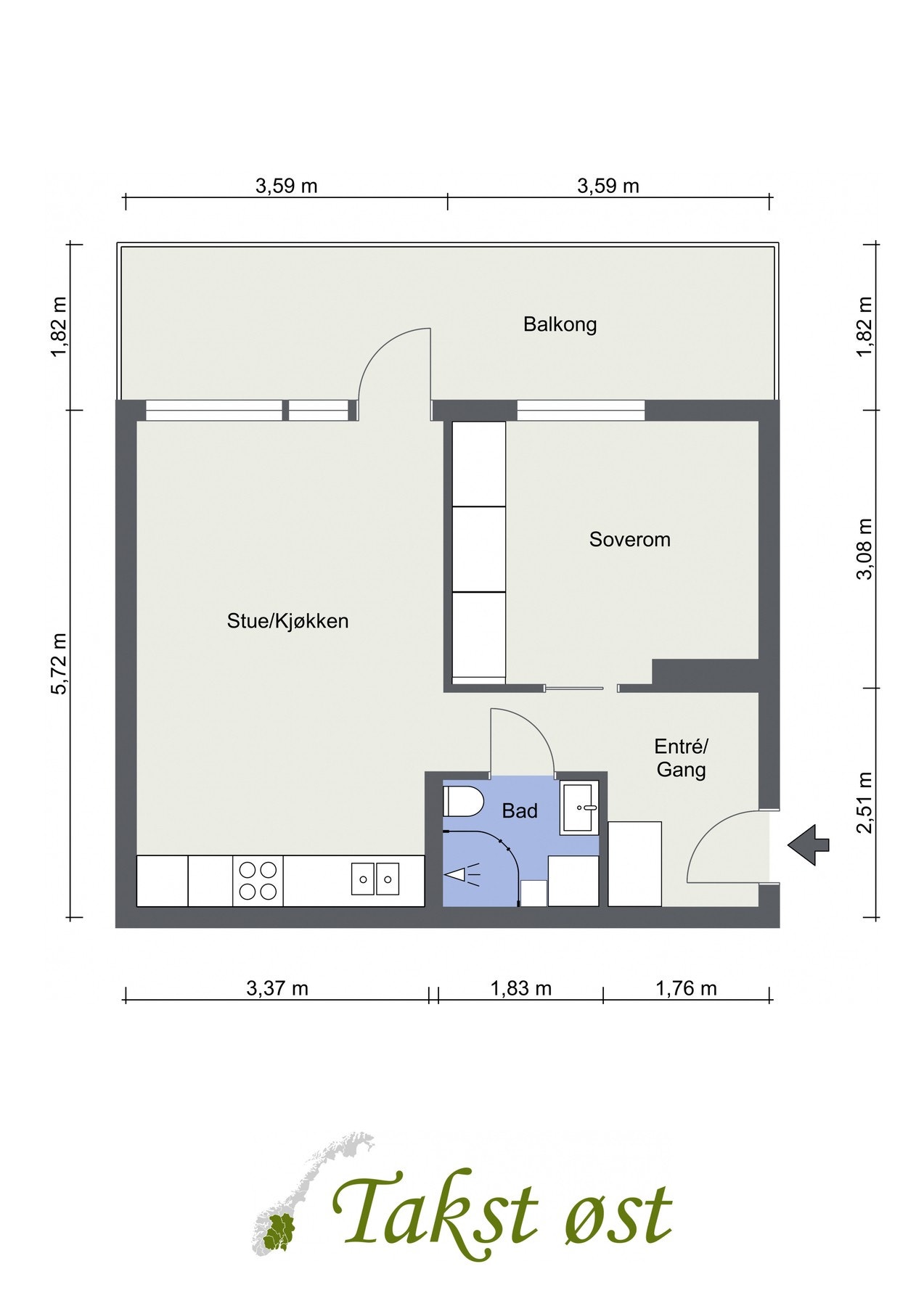 Plantegning. I tillegg disponerer leiligheten en kjellerbod på 5 kvm. Galleribilde