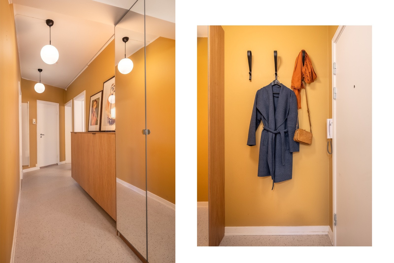 Velkommen inn! Entré med god plass til å henge fra seg yttertøy og sette fra seg sko i et praktisk garderobeskap med speilfronter. Galleribilde