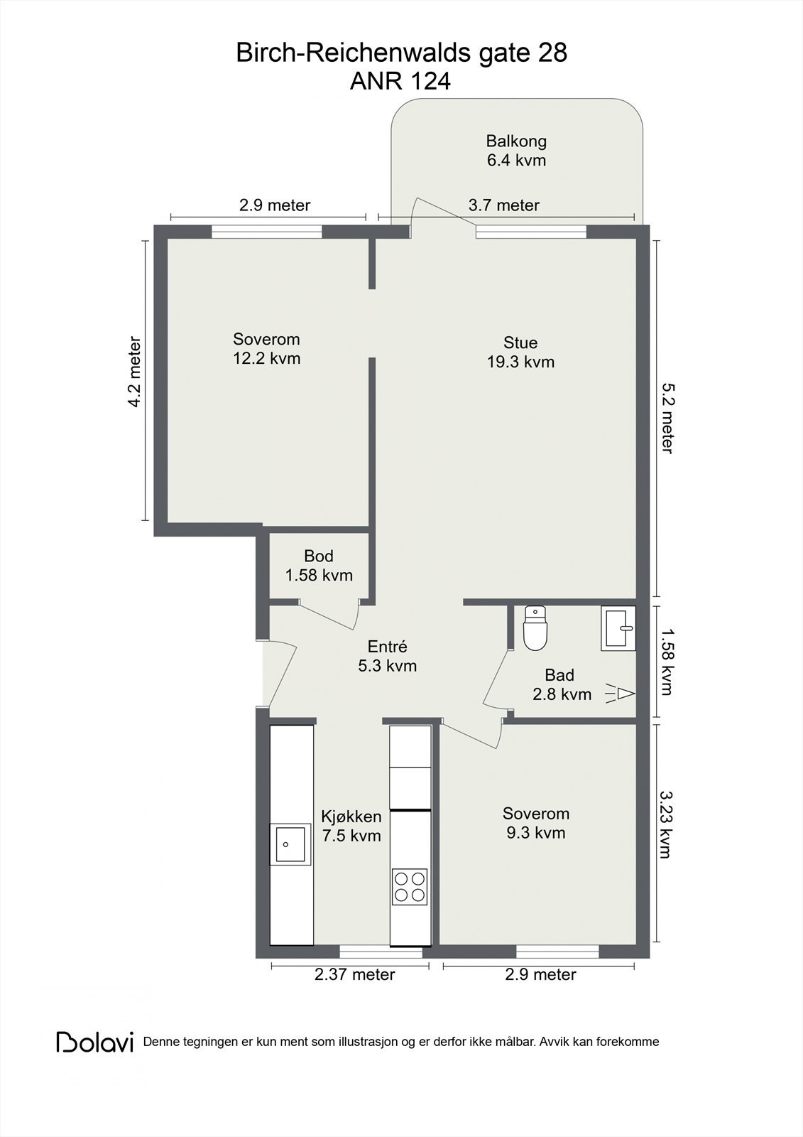 Leiligheten ligger i 3. etasje og inneholder stue med utgang til balkong, kjøkken, 2 soverom, bad, bod og entre. I tillegg disponerer leiligheten en kjellerbod og loftsbod. Galleribilde