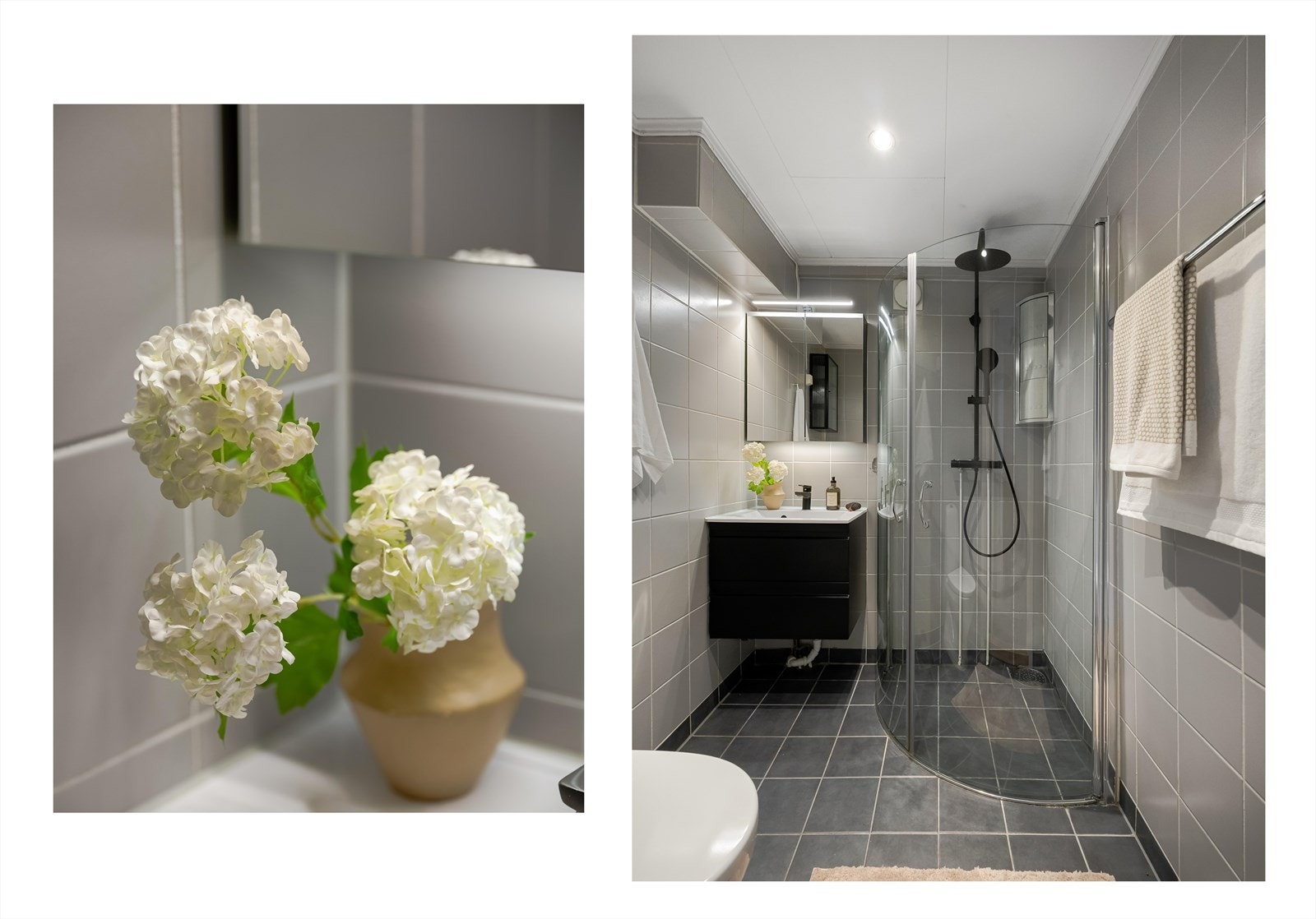 Gulvstående toalett og dusj med innfellbare glassdører bidrar til et ryddig baderom. Galleribilde