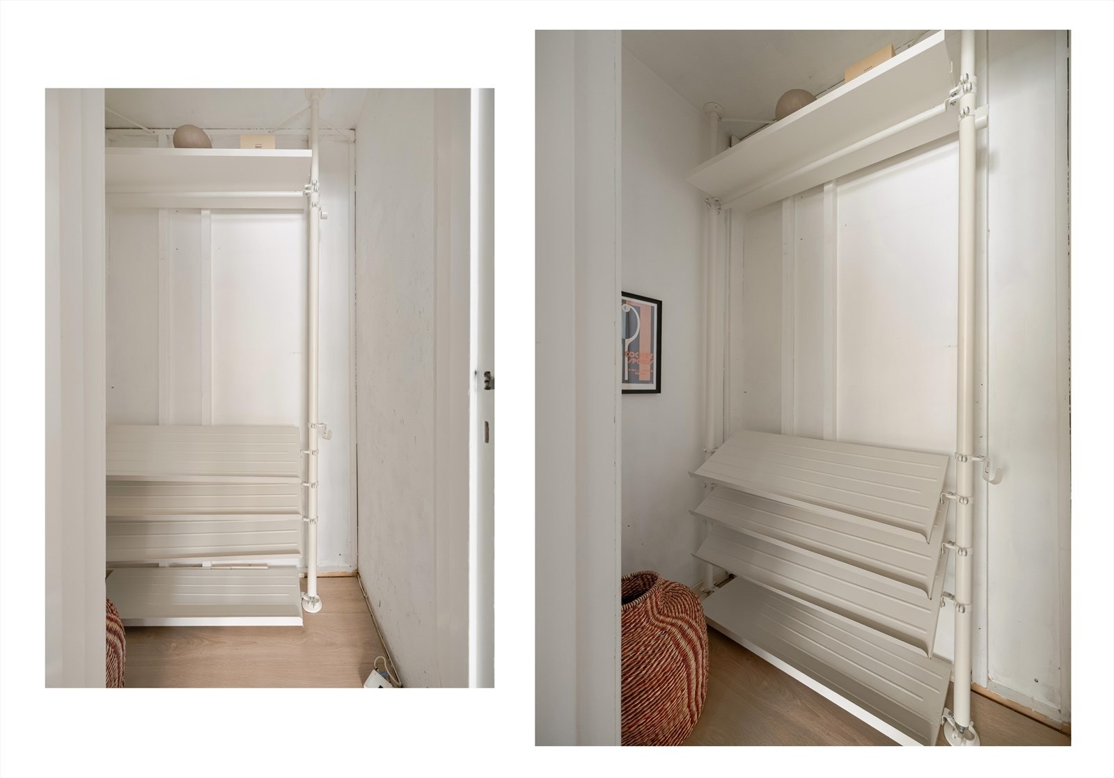 Garderobeløsning med hyller gir effektiv oppbevaring i entréen. Galleribilde