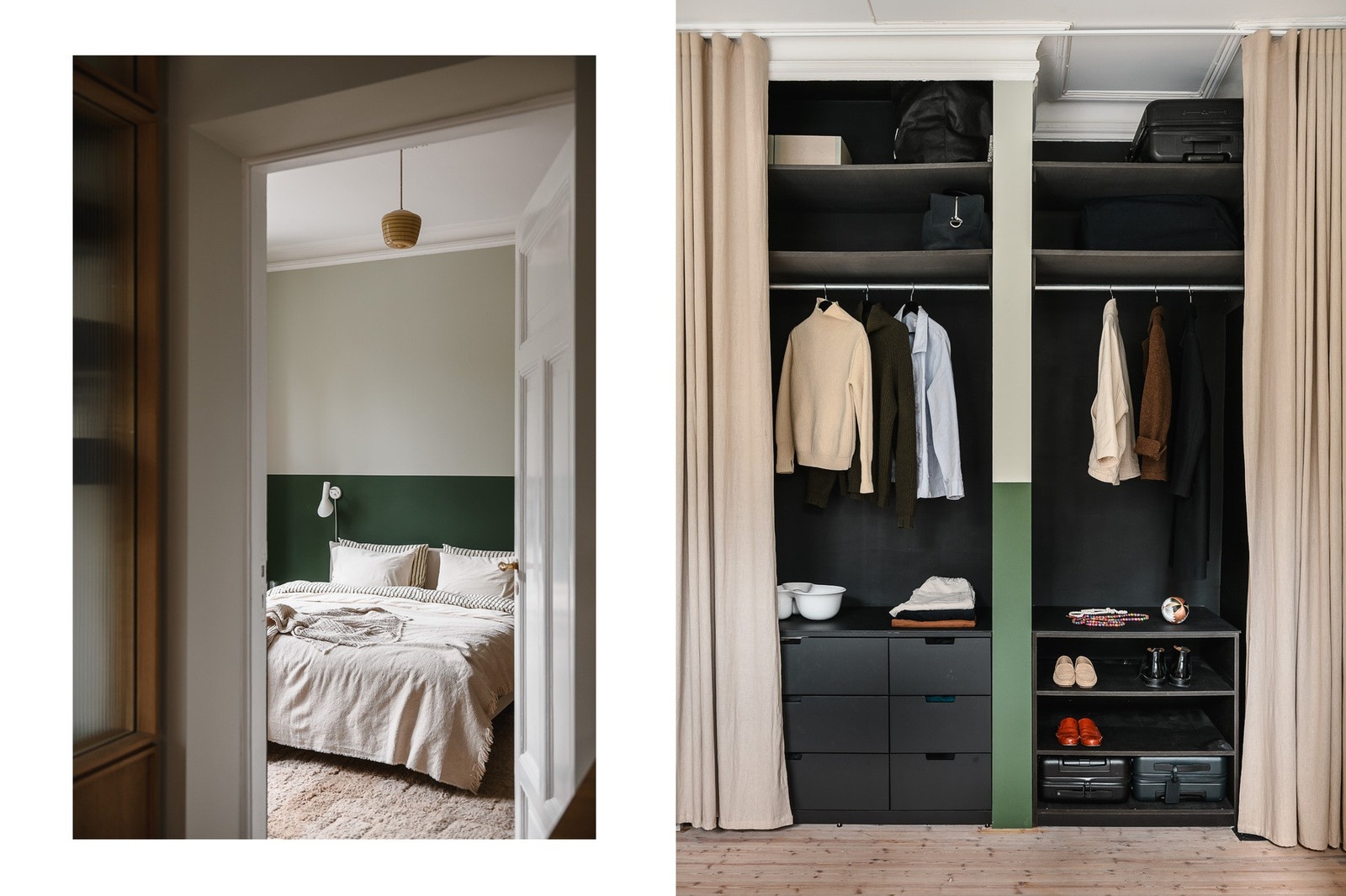 En åpen garderobeløsning gir god oversikt og utnytter rommets høyde. Medfølgende gardiner. Galleribilde