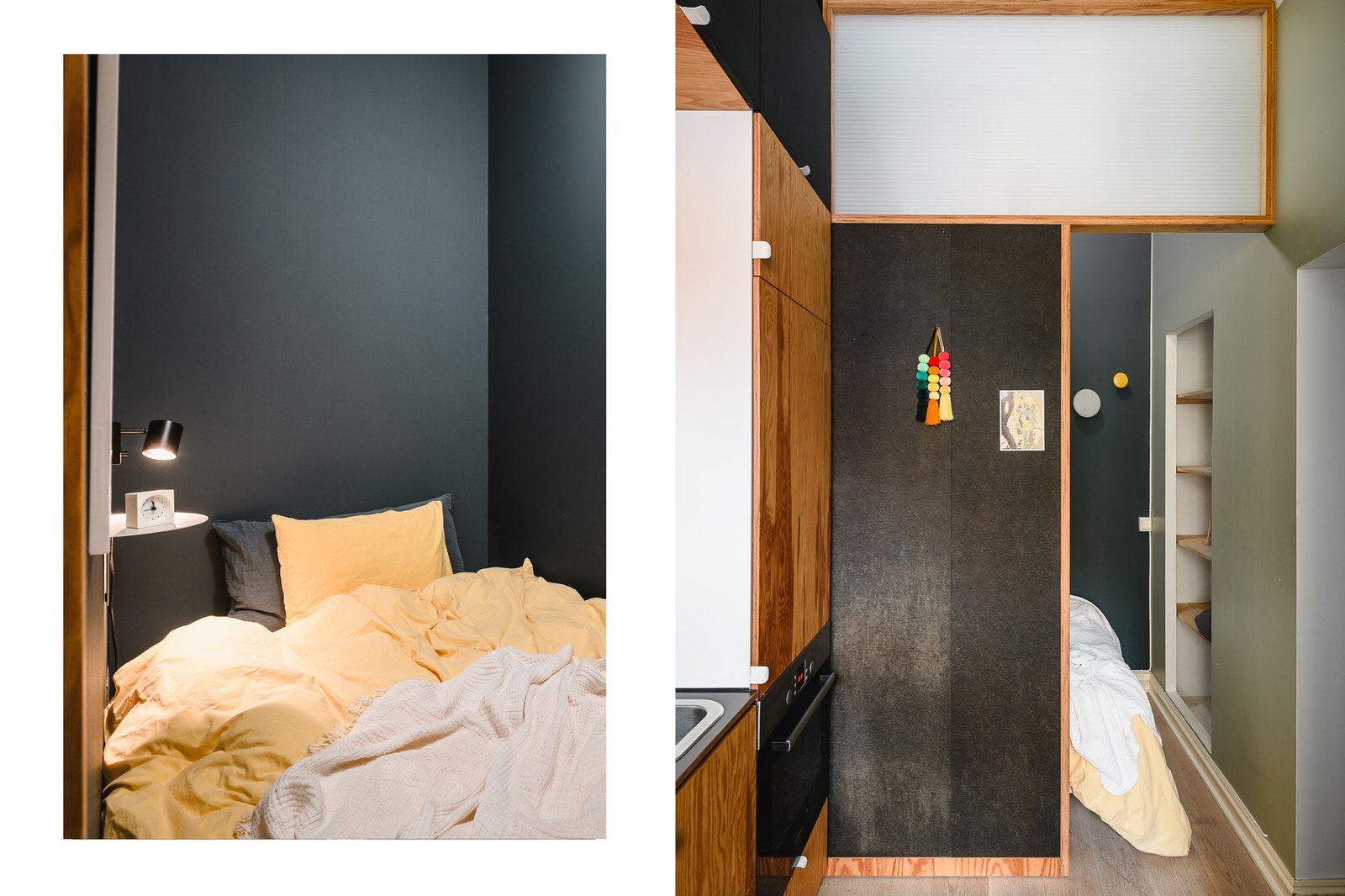 Sovealkoven i den ene hybelen utnytter plassen optimalt og skaper en lun sone. Galleribilde