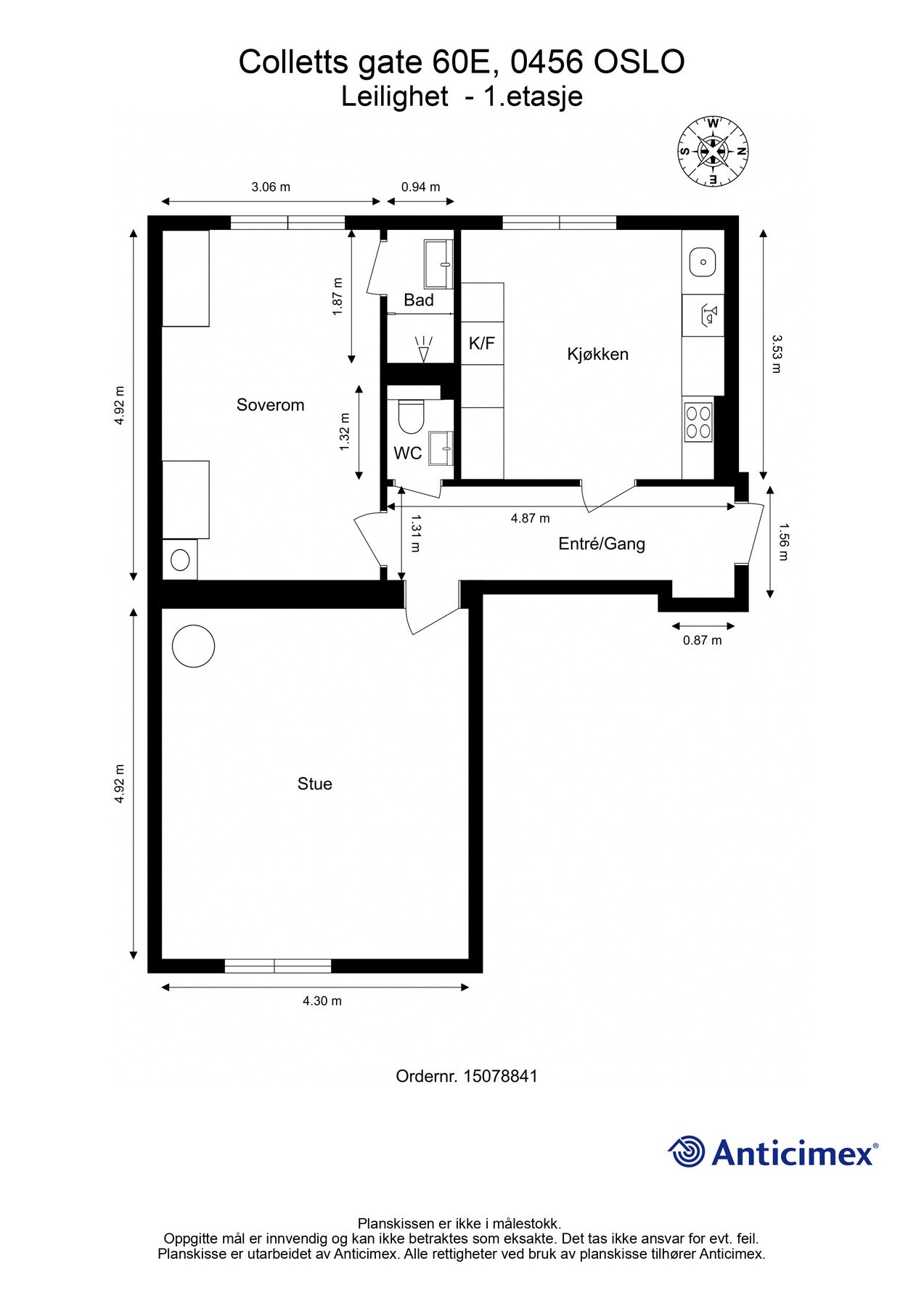 Planskisse. Leiligheten ligger i en høy 1. etasje som oppleves som en 2. etasje. Galleribilde
