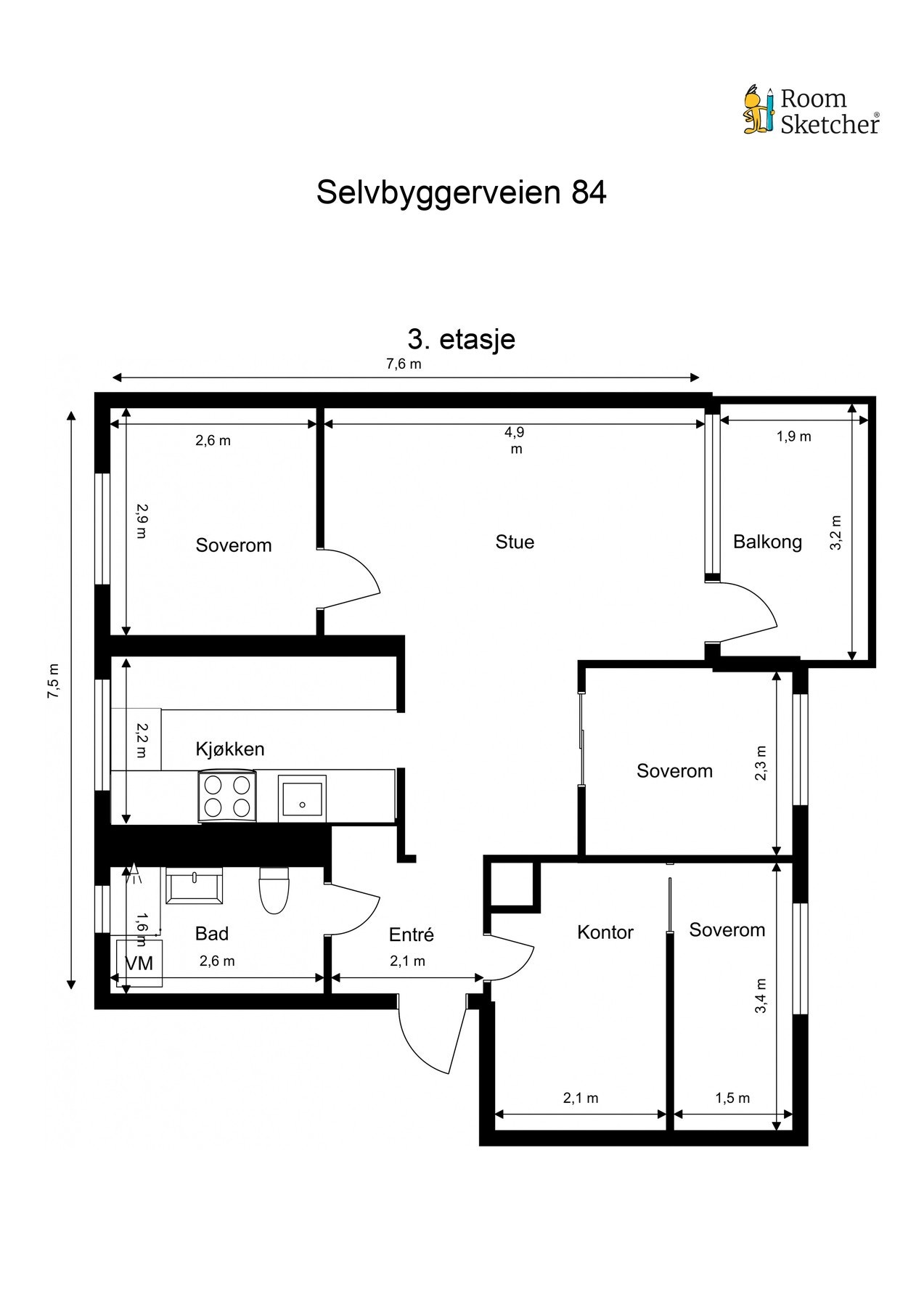 Planskisse. Leiligheten disponerer en kjellerbod på 4 kvm og en loftsbod på 10 kvm. Galleribilde
