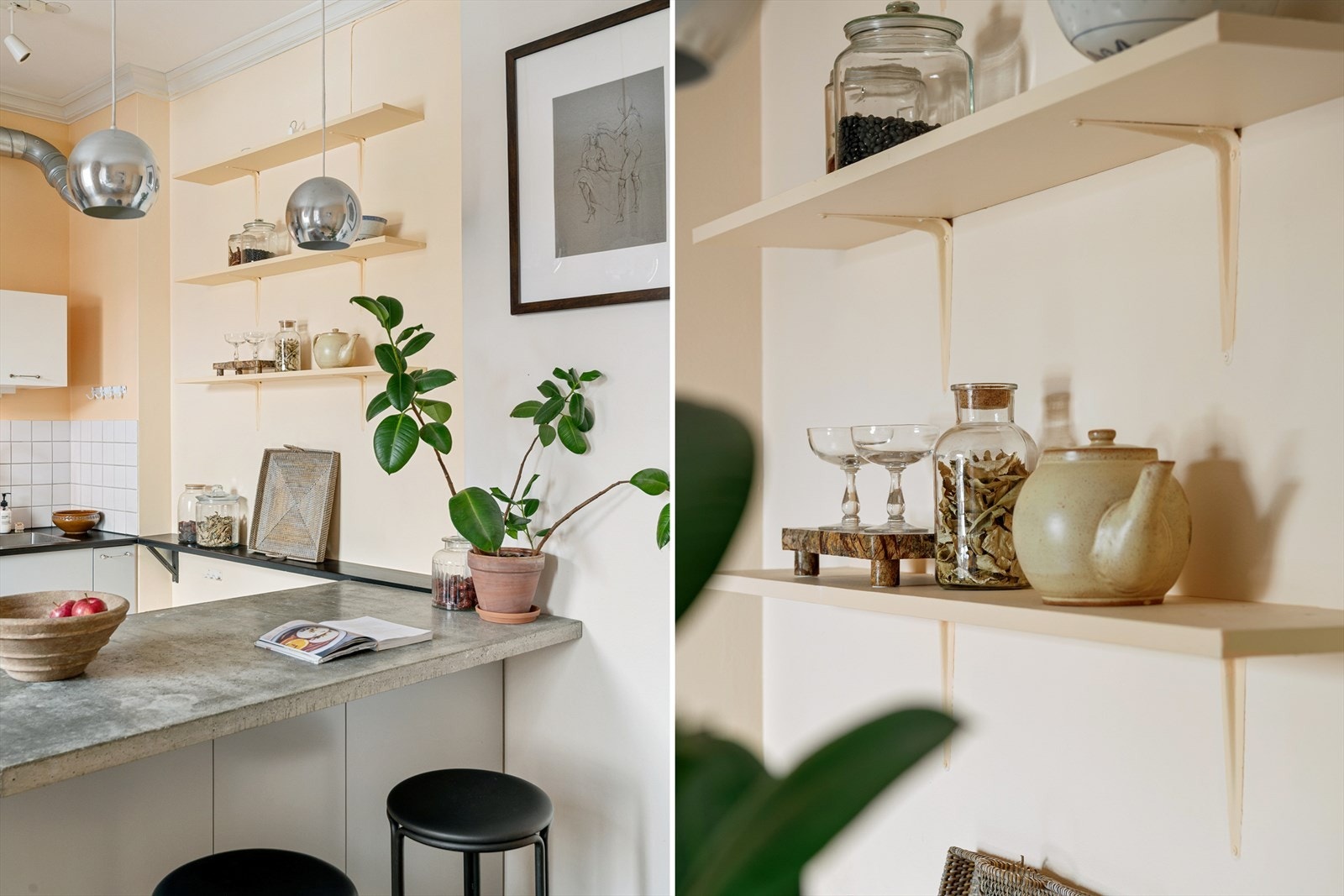 I de åpne hyllene kan de fineste og mest dekorative kjøkkendetaljene plasseres. Galleribilde