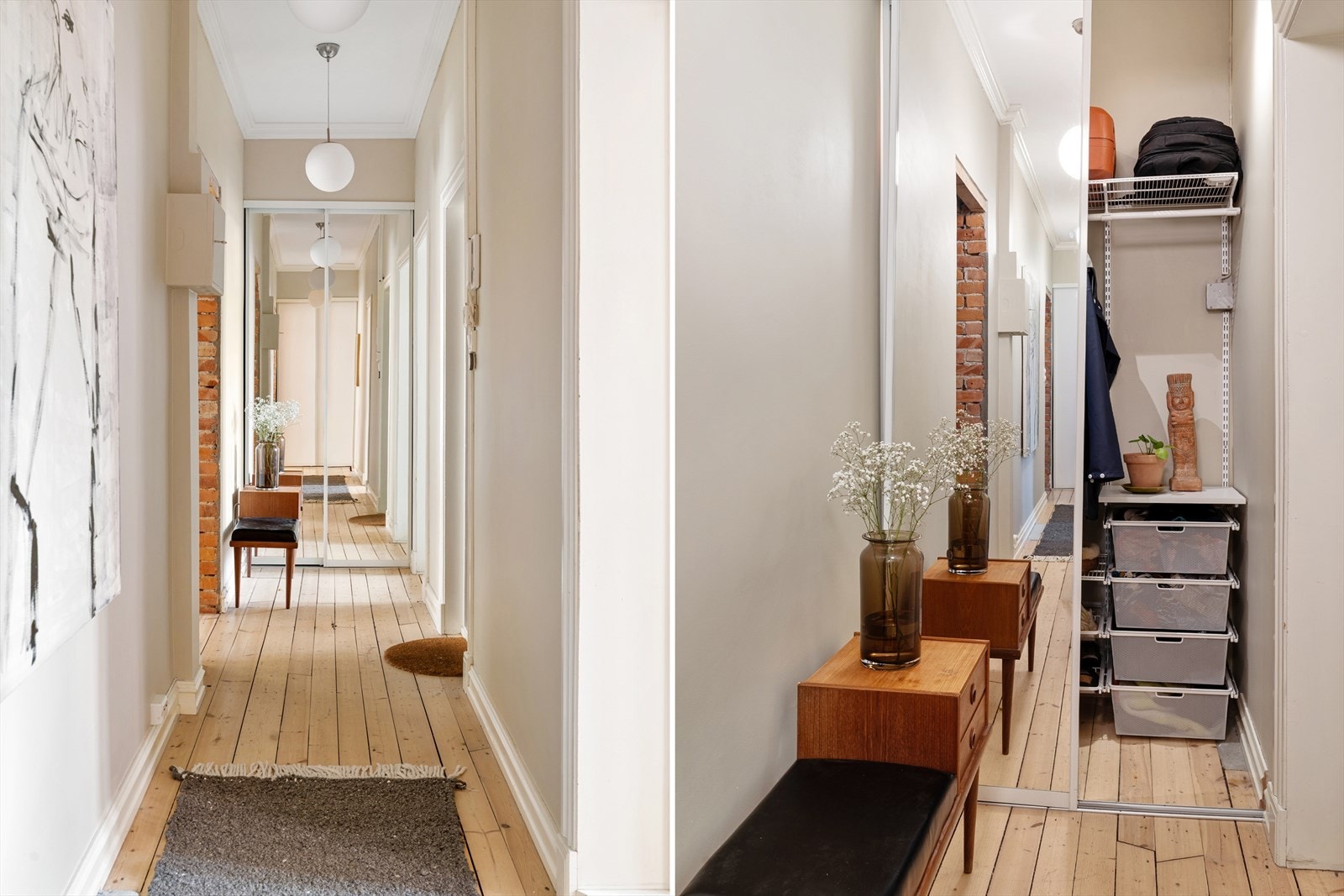 Her ønskes du velkommen av et luftig og innbydende inngangsparti. Du legger nok umiddelbart merke til den gode takhøyden, de fine tregulvene og de smarte lagringsløsningene skjult bak skyvedører i hver sin ende av gangen. Galleribilde