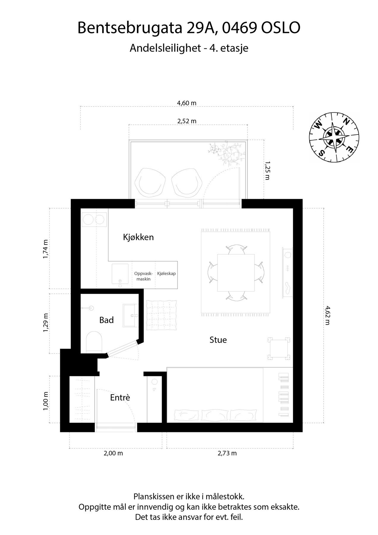 Plantegning. I tillegg disponerer leiligheten en loftsbod med gulvareal på ca. 6m². Enkel tilgang til gratis fellesvaskeri i samme etasje. Galleribilde