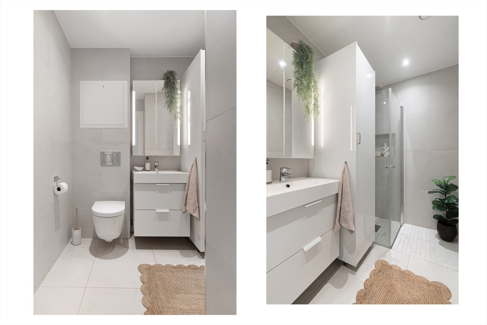 Lekkert bad fra 2020 med delikate farge- og materialvalg. Badet har flislagte overflater, behagelig gulvvarme og downlights i himling. Galleribilde