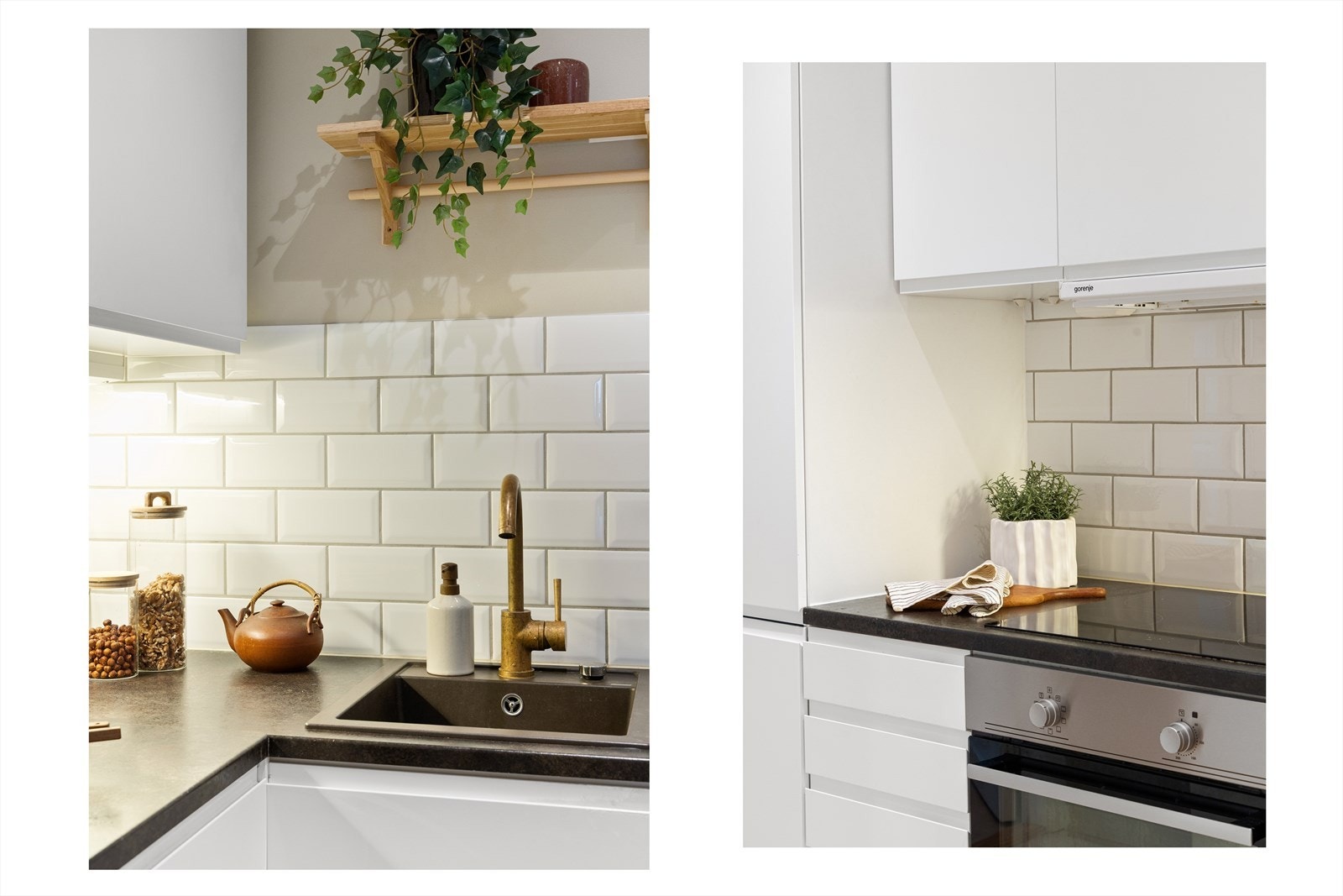 Det er integrert kjøl/fryseskap (2025), oppvaskmaskin, stekeovn, platetopp og kullfiltervifte over stekesonen. Galleribilde