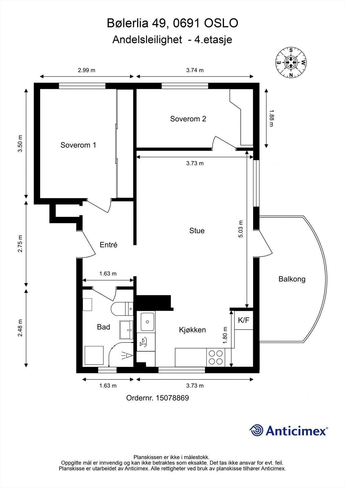 Leiligheten har en arealeffektiv planløsning med entré, to soverom, bad og stue med åpent kjøkken. Galleribilde
