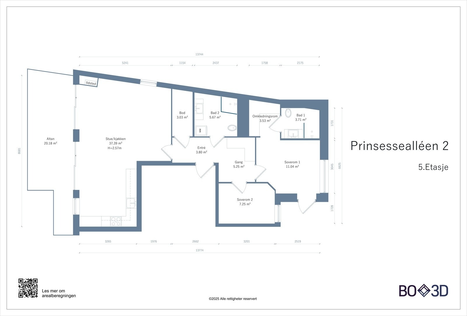 Leilighetens planløsning - i tillegg er det ekstern bod i kjeller på 5 kvm Galleribilde
