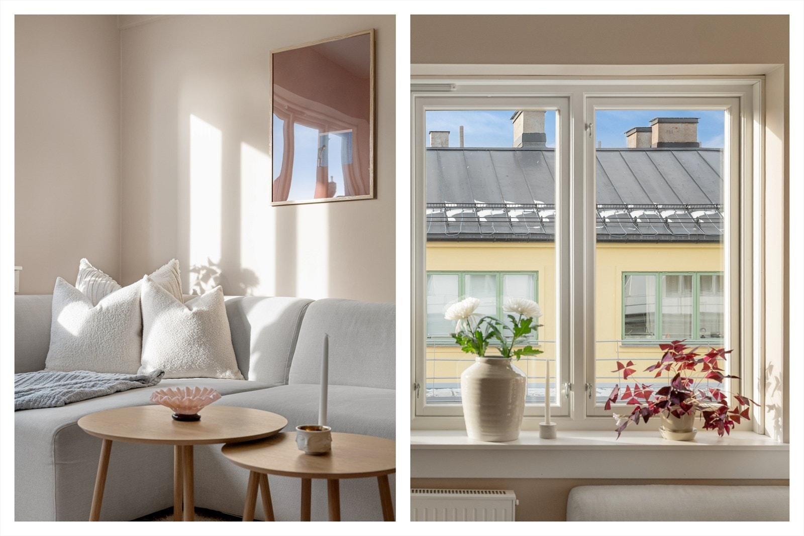 Sitat selger: "Noe av det vi vil savne mest er det fantastiske lyset. På soverommet blir man vekket av soloppgangen og av fuglene som kvitrer fra den rolige bakgården, og fra vinduene i stua får man med seg solnedgangen." Galleribilde