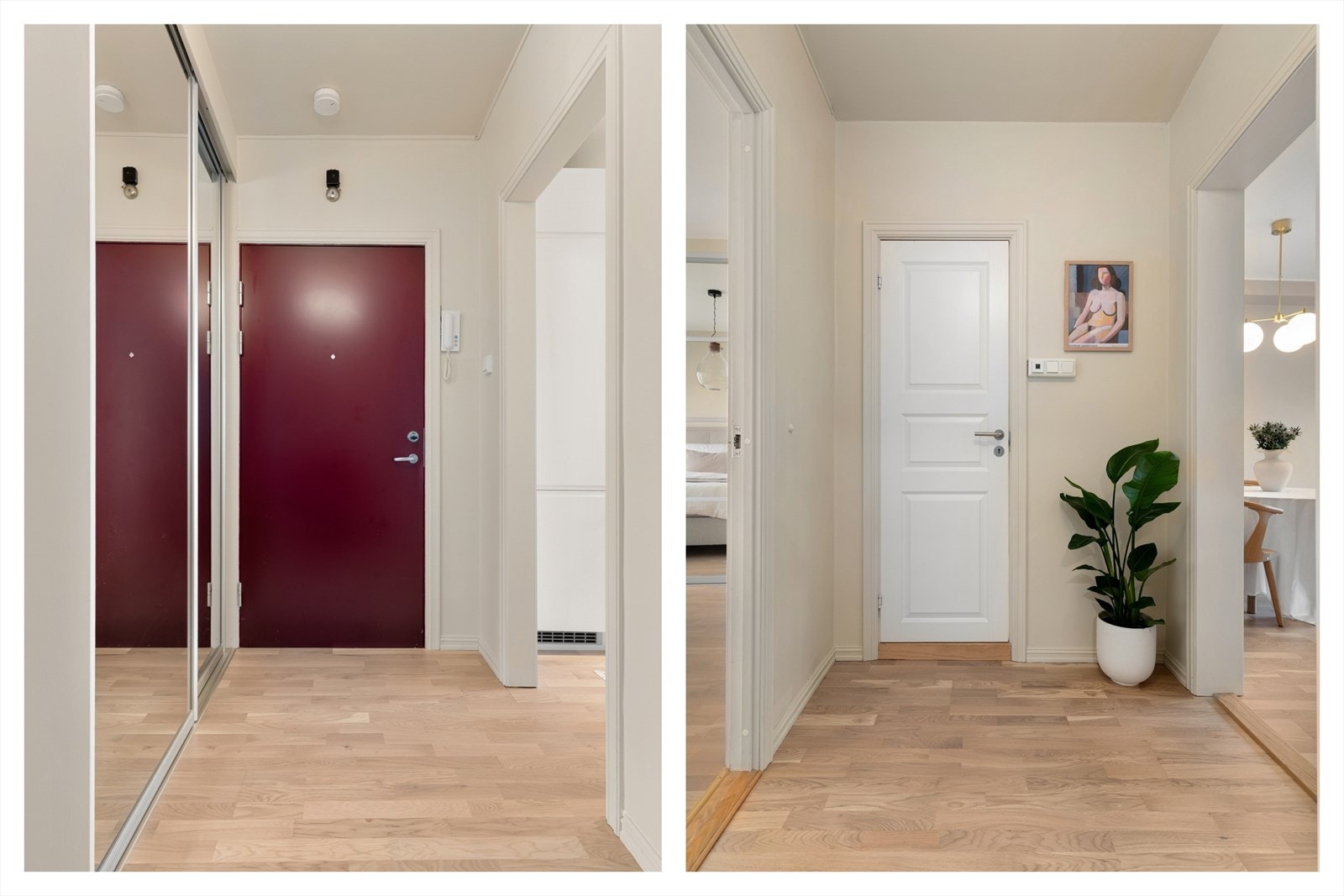 Inngangspartiet gir et svært godt førsteinntrykk av leiligheten. Den nydelige, dempede beigetonen Skandinavisk lys er malt på vegger og i tak her og på kjøkkenet. Parkettgulvene i gang og på kjøkken ble lagt i 2026. Galleribilde